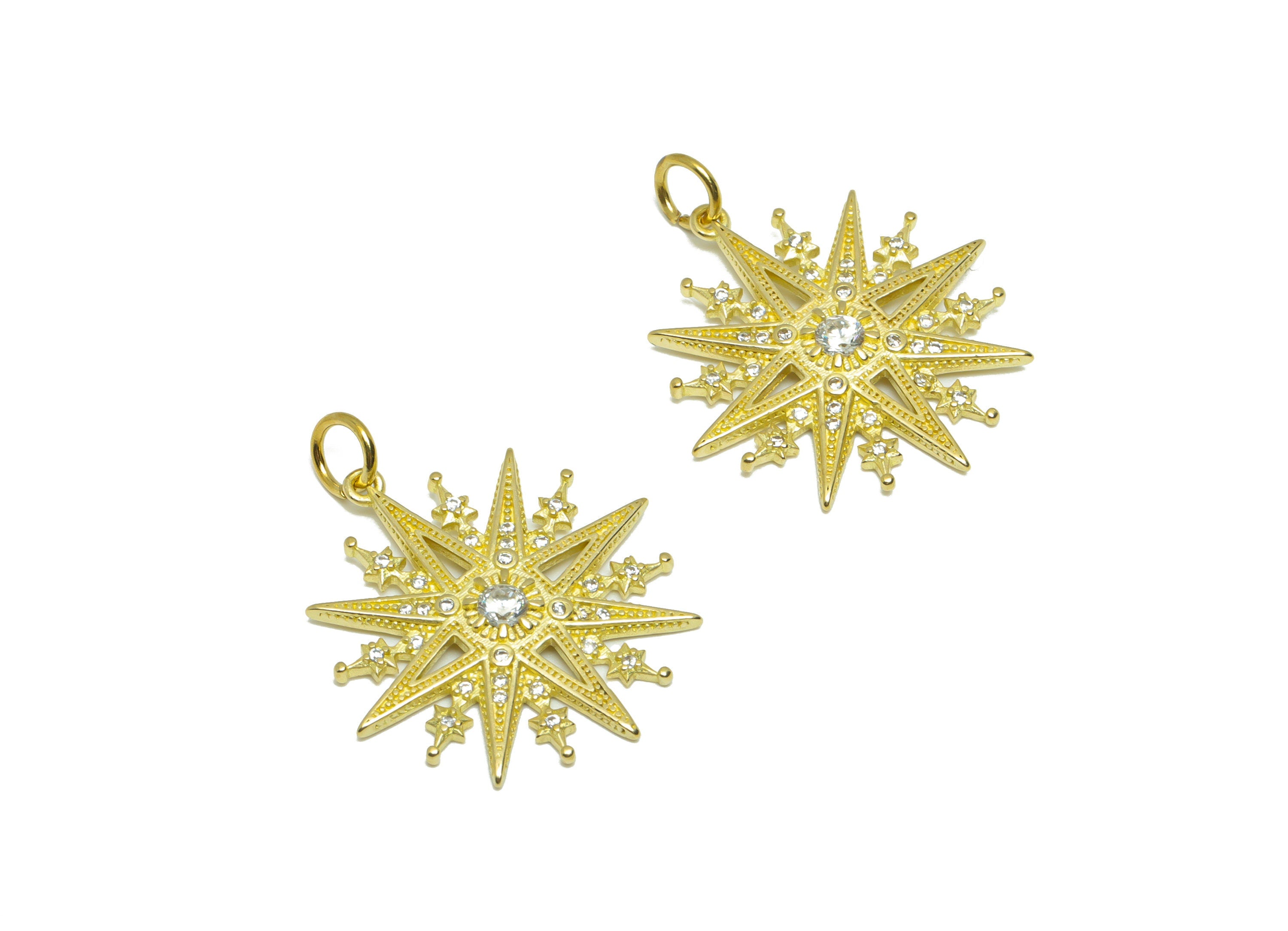Brass CZ Sun Earring Charm - Raw Brass Cubic Zircon Sunshine Earring Charm - Brass Textured Zircon Star Pendant - 27.4x20.9x3.08mm - PP9551 - DOMEDBAZAAR