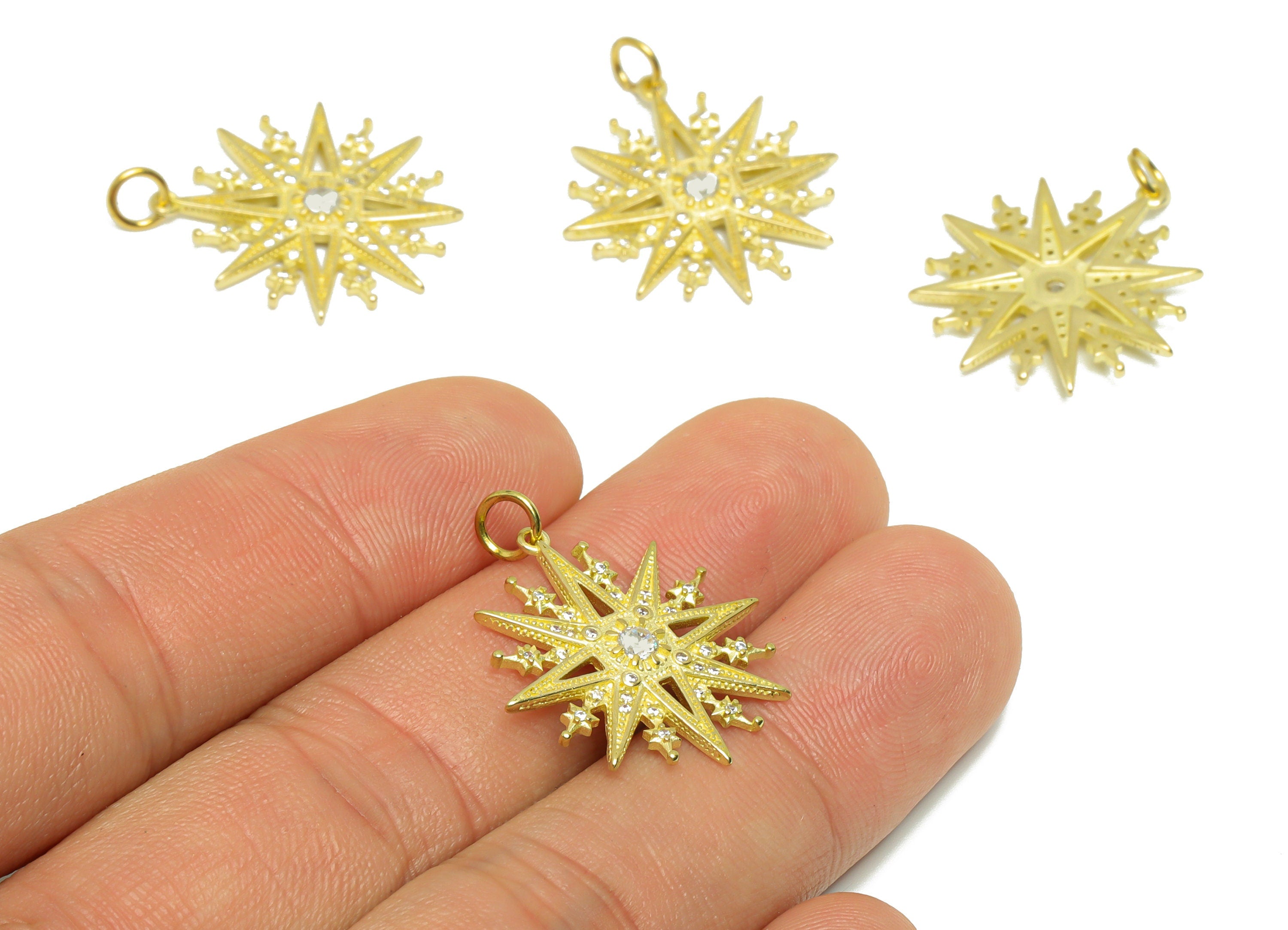 Brass CZ Sun Earring Charm - Raw Brass Cubic Zircon Sunshine Earring Charm - Brass Textured Zircon Star Pendant - 27.4x20.9x3.08mm - PP9551 - DOMEDBAZAAR