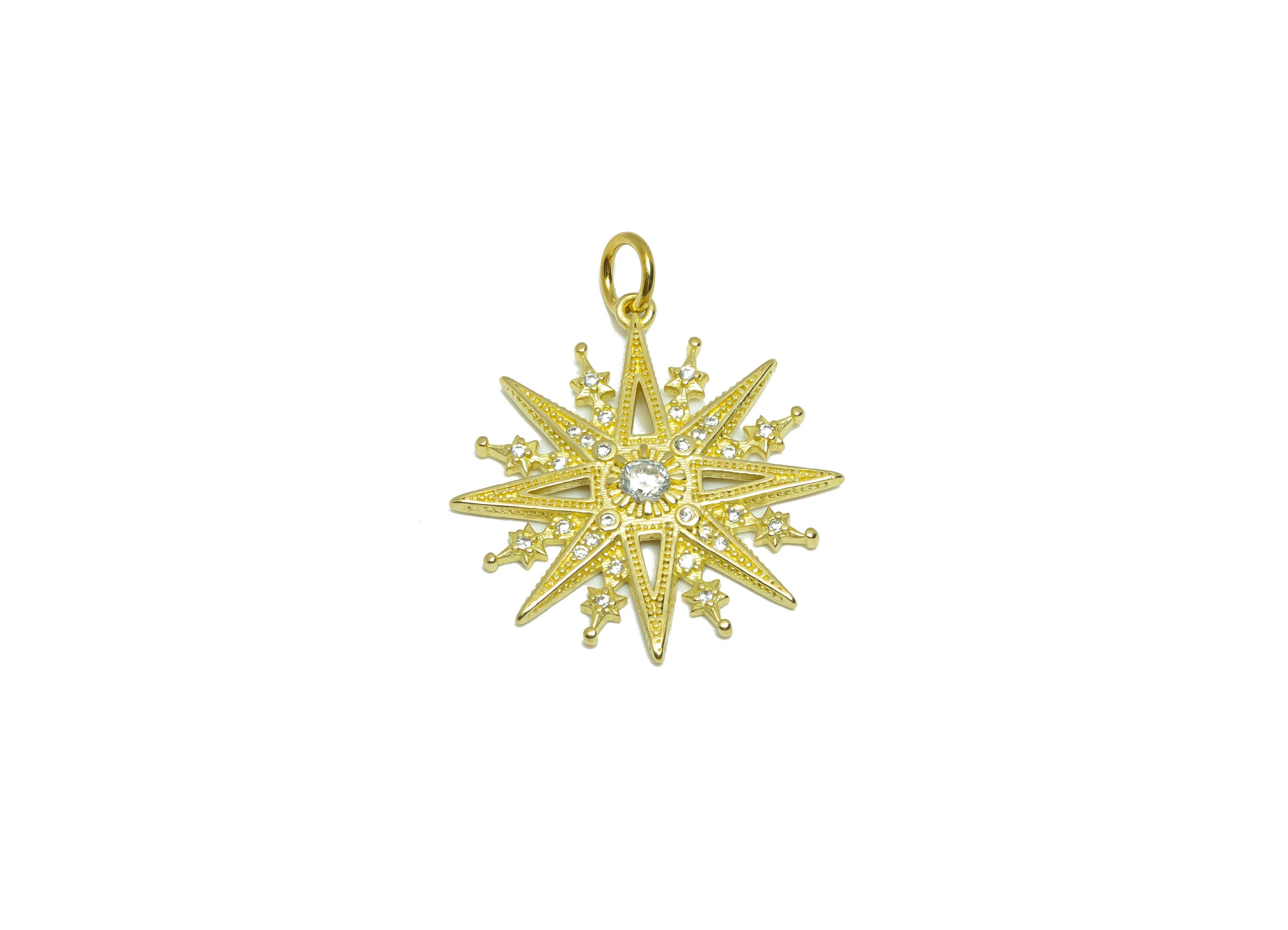 Brass CZ Sun Earring Charm - Raw Brass Cubic Zircon Sunshine Earring Charm - Brass Textured Zircon Star Pendant - 27.4x20.9x3.08mm - PP9551 - DOMEDBAZAAR