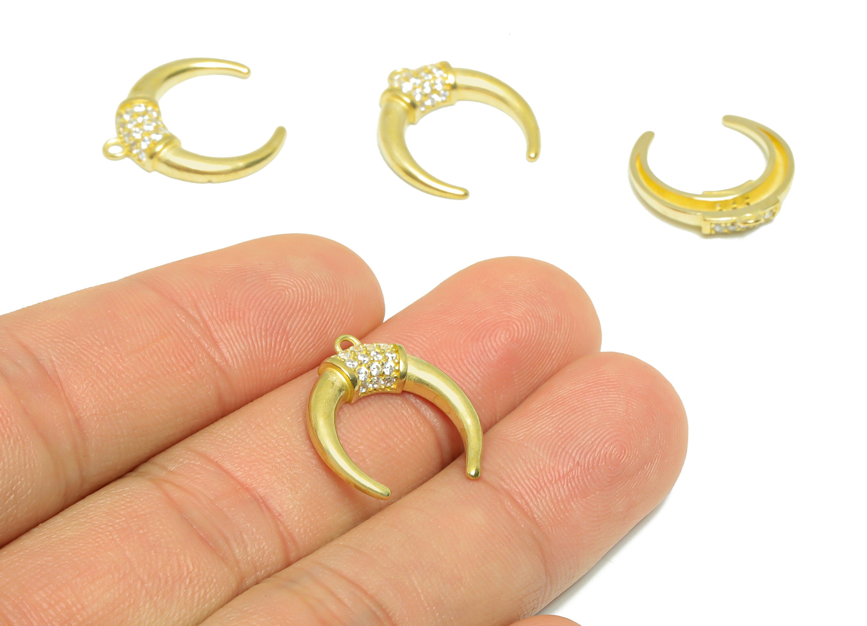 Brass CZ Crescent Earring Charm - Raw Brass Cubic Zircon Moon Earring Charm - Brass Zircon Crescent Pendant -19.4x17.7x3.24mm - PP9564 - DOMEDBAZAAR