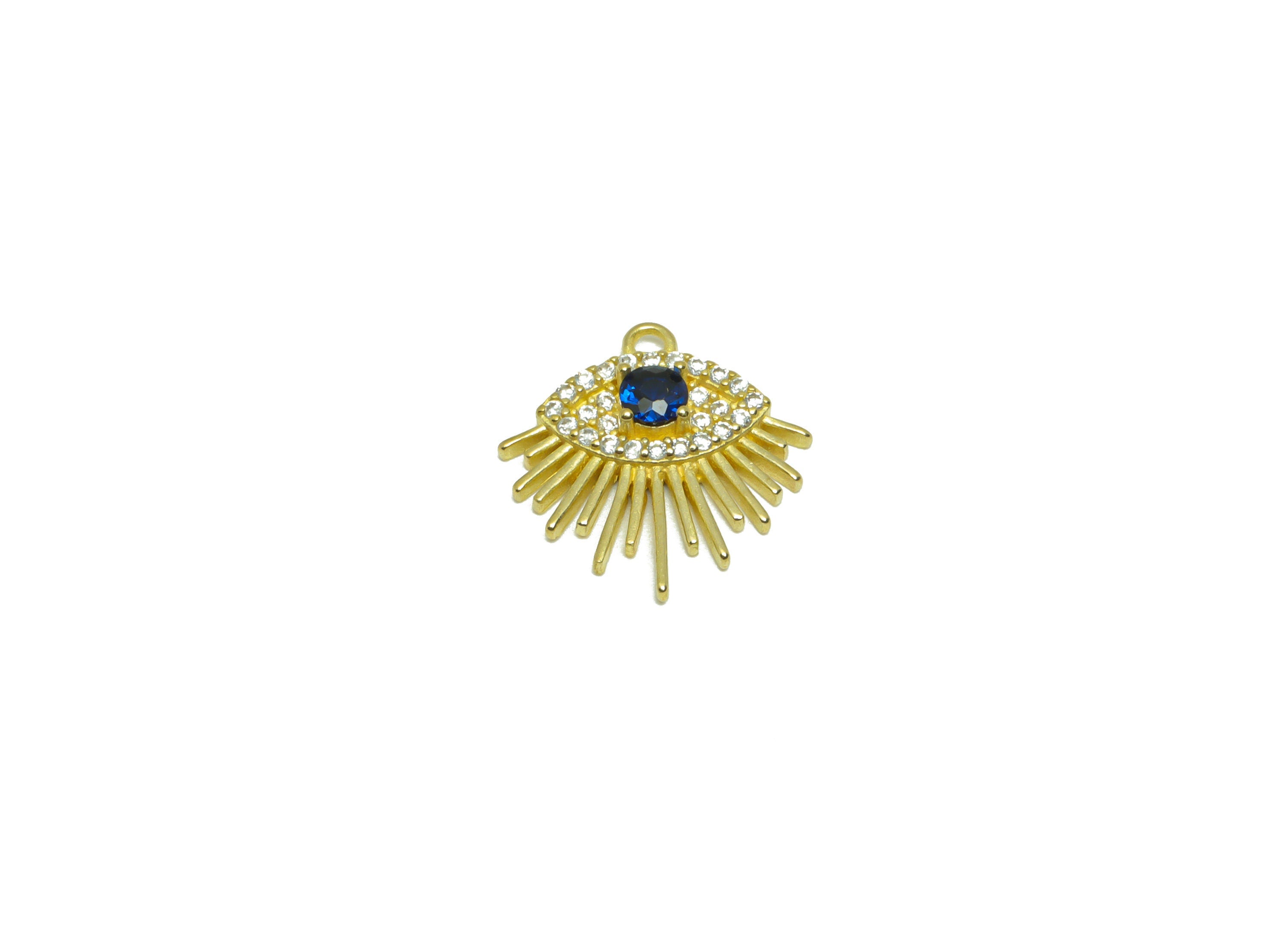 Brass CZ Eye Earring Charm - Raw Brass Cubic Zircon Eyelash Earring Charm - Zircon Blue Eye Pendant - Marquise Charm - 15.6x14x3mm - PP9557 - DOMEDBAZAAR