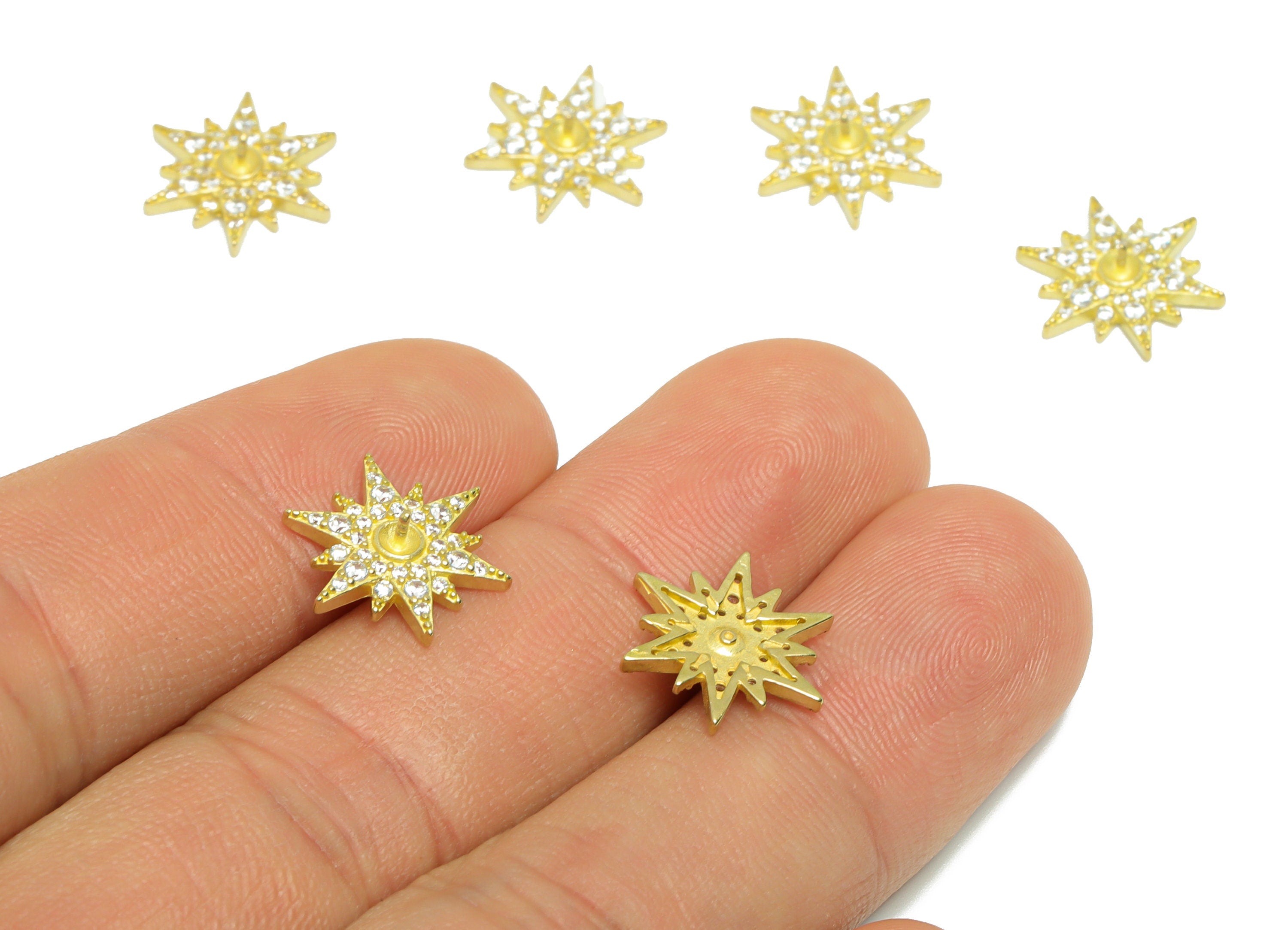 Brass CZ Sun Earring Charm - Raw Brass Cubic Zircon Sunshine Earring Charm - Brass Textured Zircon Star Charm - 13.9x13.9x 2.71mm - PP9567 - DOMEDBAZAAR