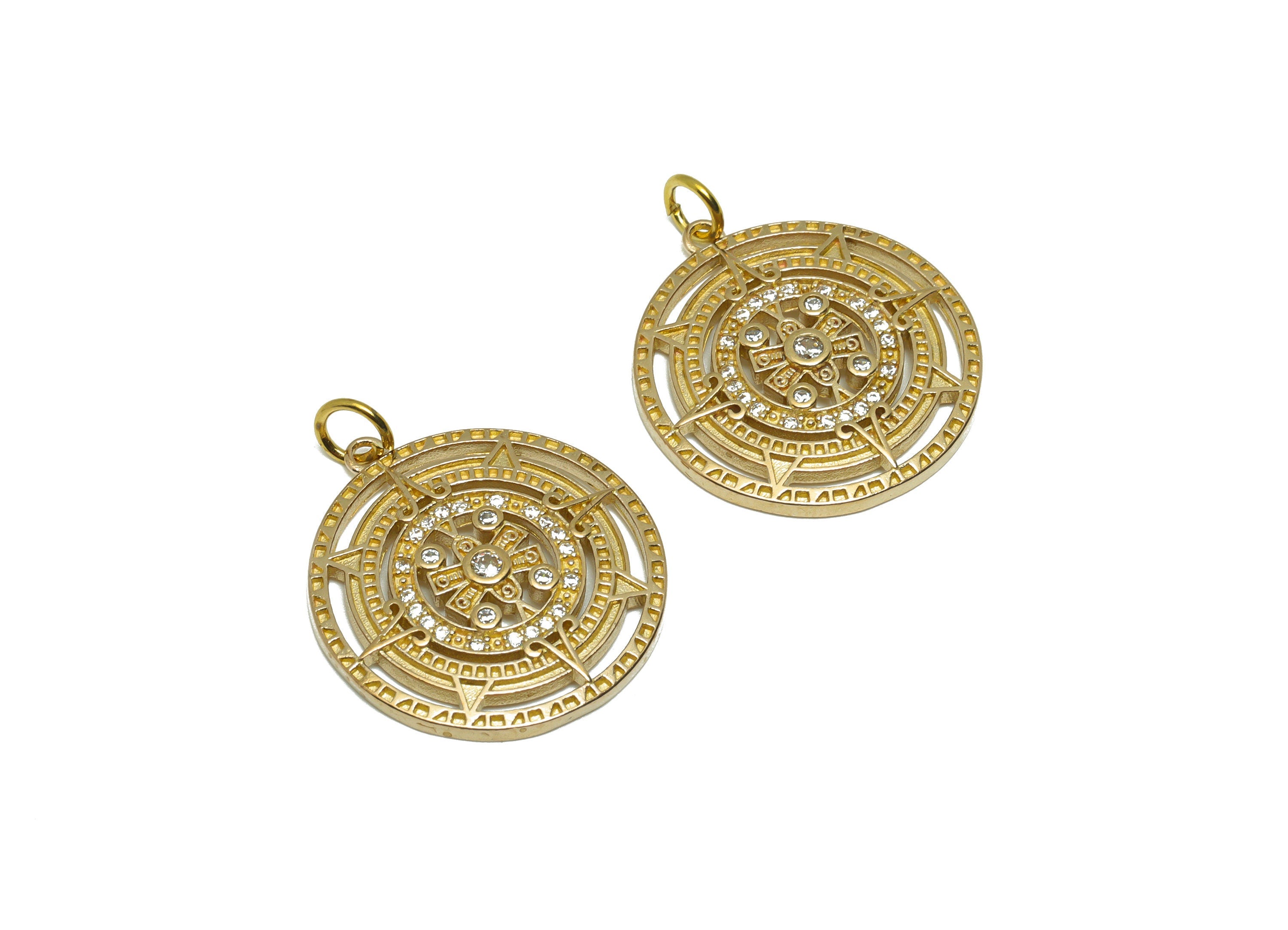 Brass CZ Sun Pendant - Raw Brass Textured Zircon Round Earring Charm - Circle Compass Pendant - 26.6x22.07x2.42mm - PP9589 - DOMEDBAZAAR