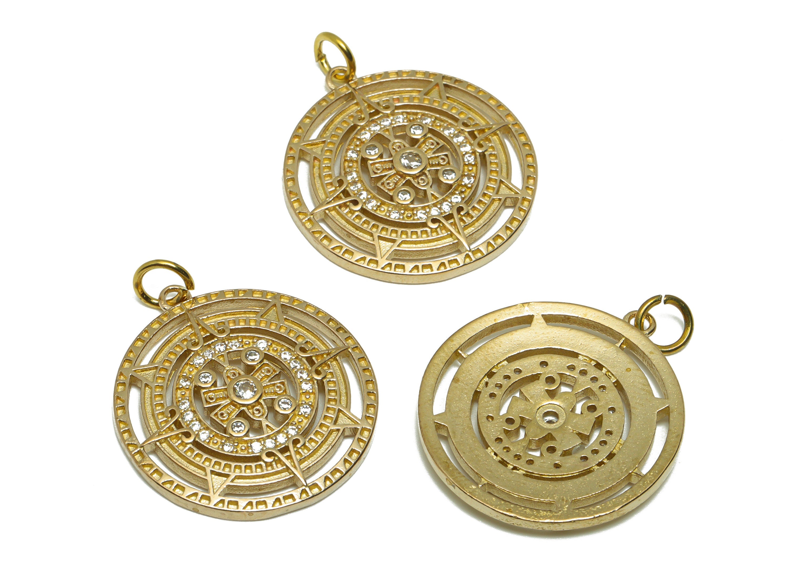 Brass CZ Sun Pendant - Raw Brass Textured Zircon Round Earring Charm - Circle Compass Pendant - 26.6x22.07x2.42mm - PP9589 - DOMEDBAZAAR