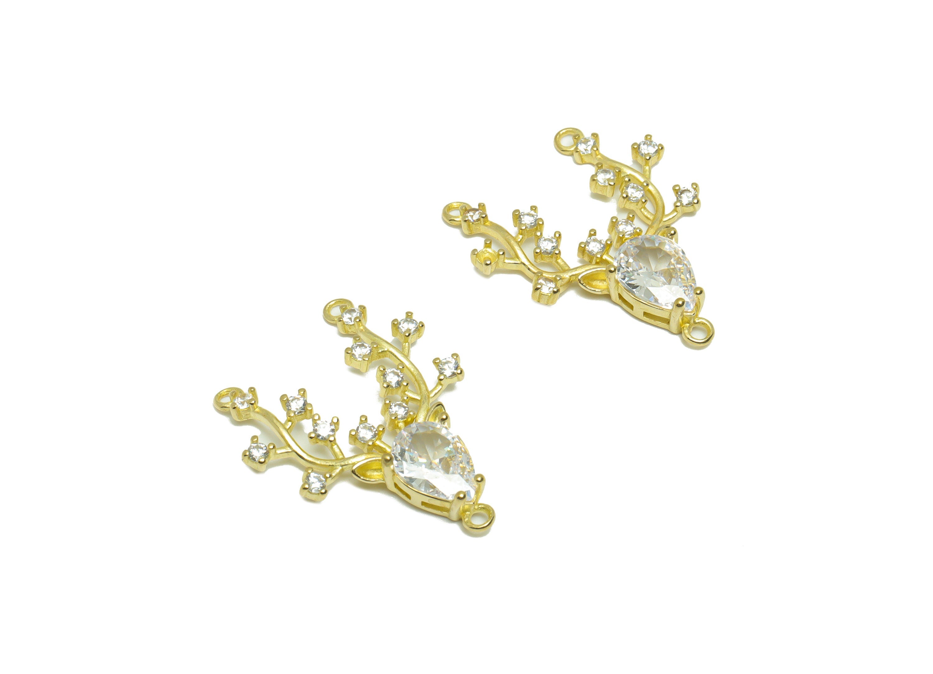 Brass CZ Deer Drop Pendant - Raw Brass Antlers Teardrop Zircon Earring Charm - Zircon Connector - Deer Necklace Charm - 24x17x4mm - PP9547 - DOMEDBAZAAR