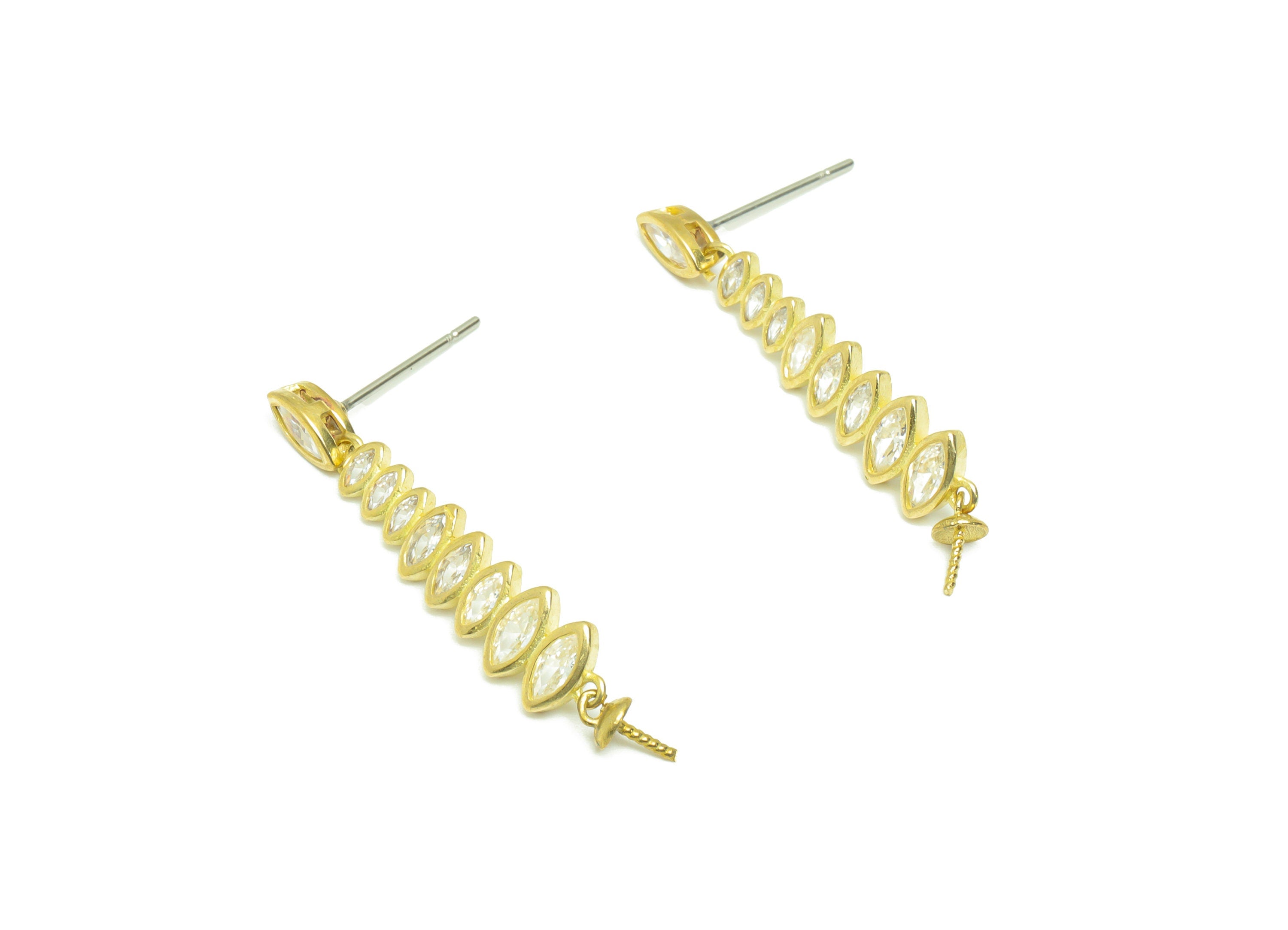 Brass CZ Marquise Earring Post - Raw Brass Cubic Zircon Earring Post - Brass Pearl Setting Hang Earring Post - For Pearl - 36x6x3mm - PP9579 - DOMEDBAZAAR