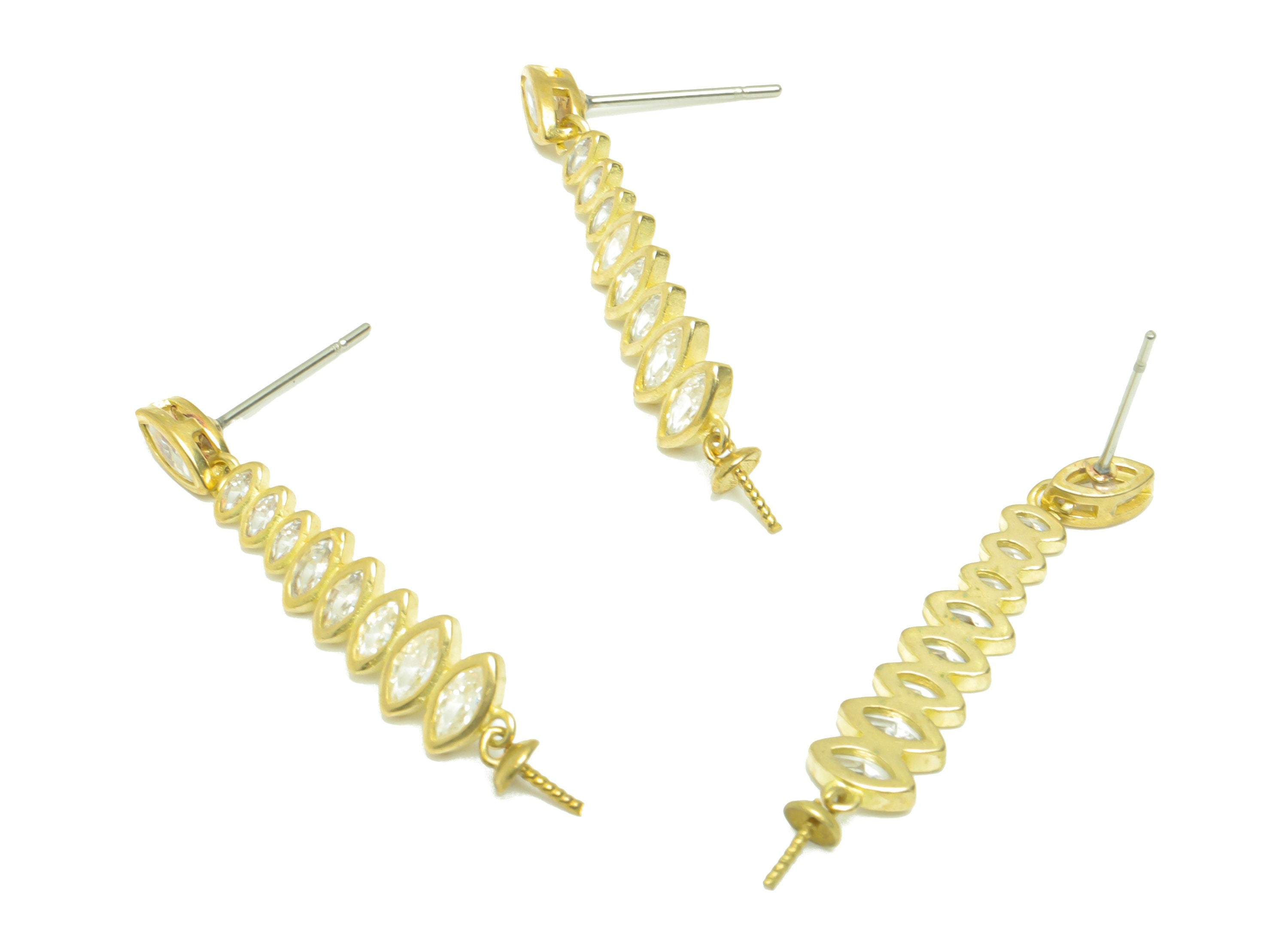 Brass CZ Marquise Earring Post - Raw Brass Cubic Zircon Earring Post - Brass Pearl Setting Hang Earring Post - For Pearl - 36x6x3mm - PP9579 - DOMEDBAZAAR