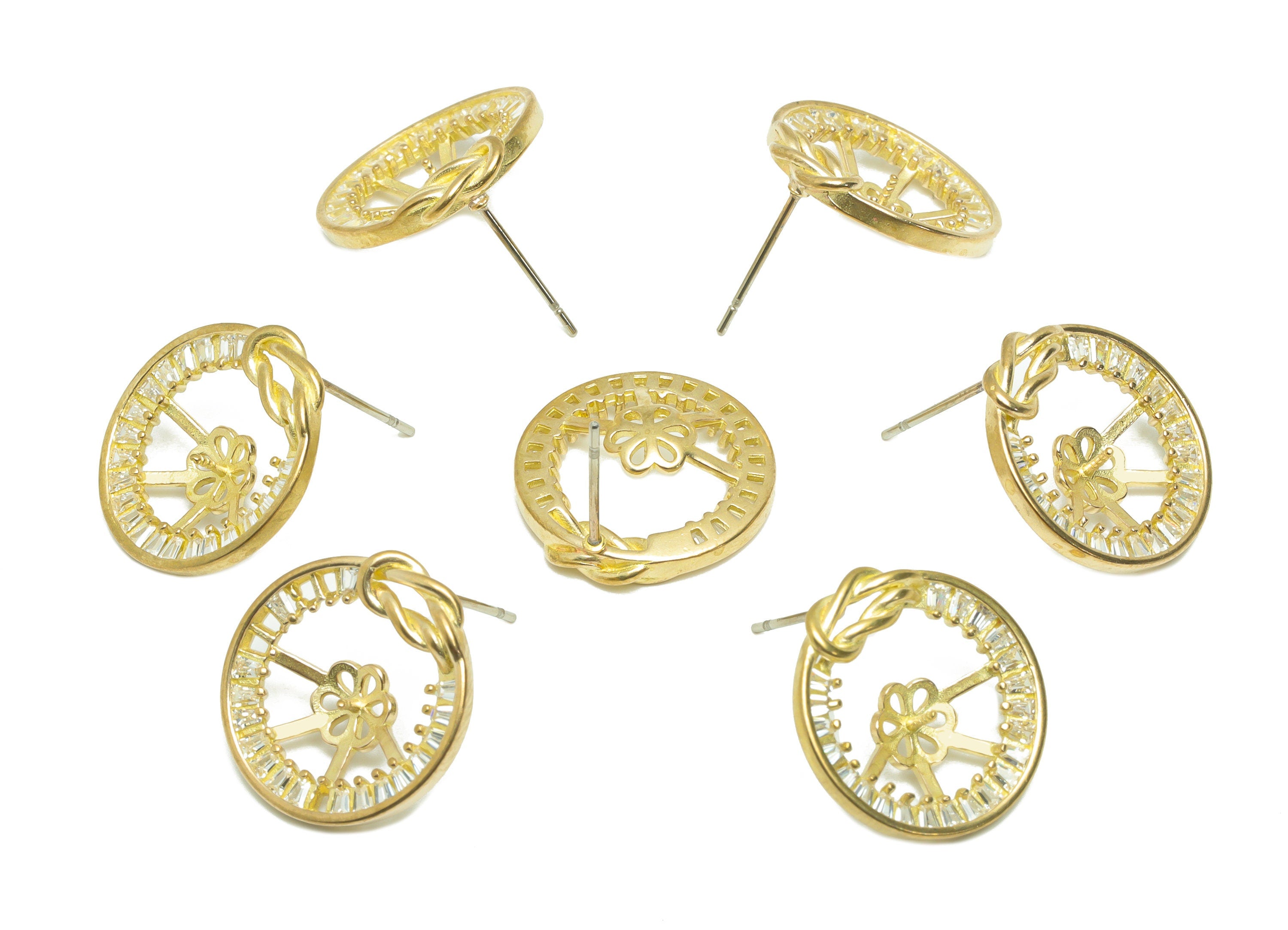 Brass CZ Round Earring Post - Raw Brass Cubic Zircon Earring Post - Brass Pearl Setting Flower Earring Post - For Pearl - 18x17x4mm - PP9590 - DOMEDBAZAAR