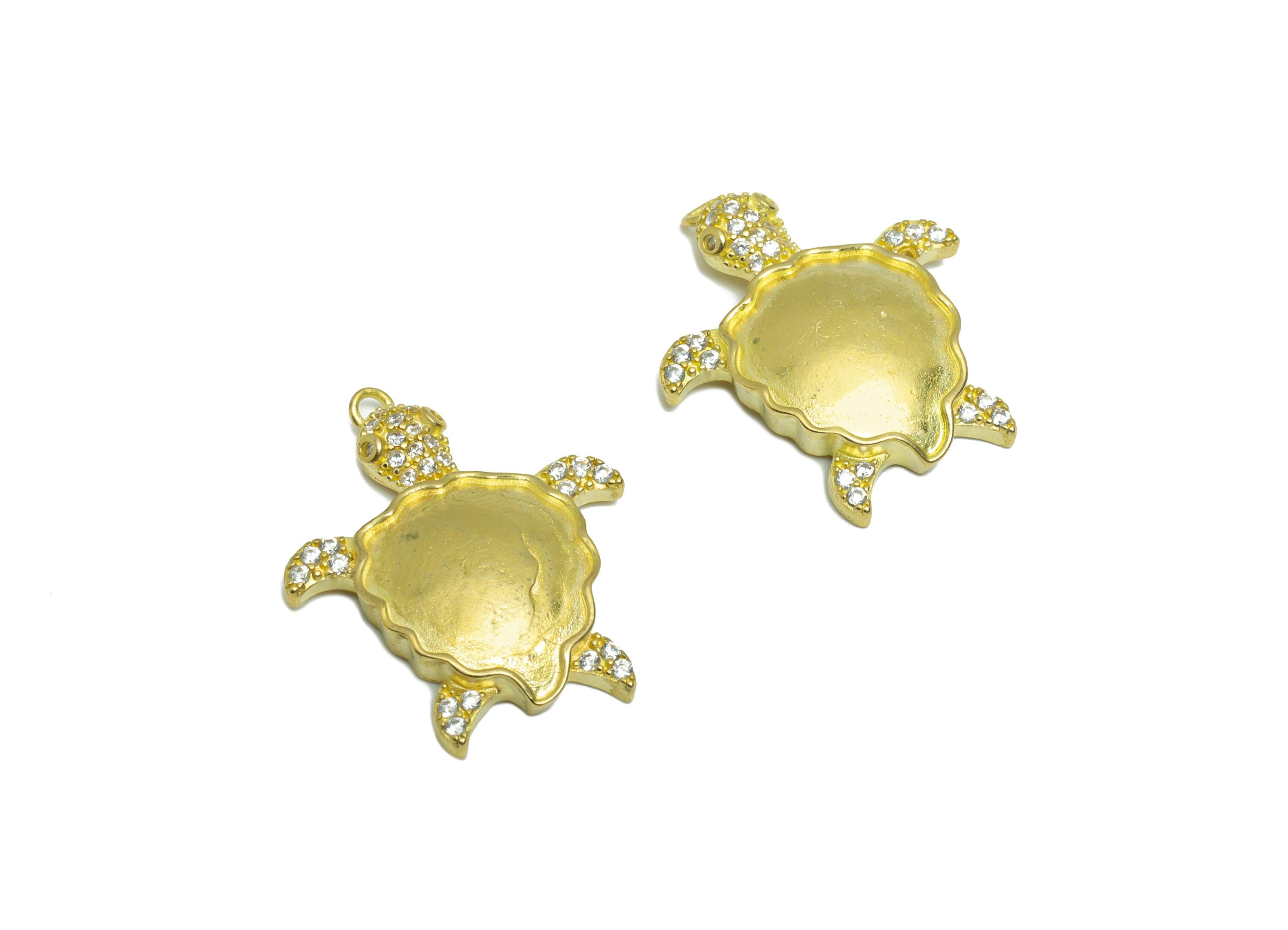 Brass CZ Turtle Figuer Earring Charm - Raw Brass Wavy Cubic Zircon Earring Charm - Zircon Pendant - Animal Pendant - 25.3x21.2x4mm - PP9560 - DOMEDBAZAAR