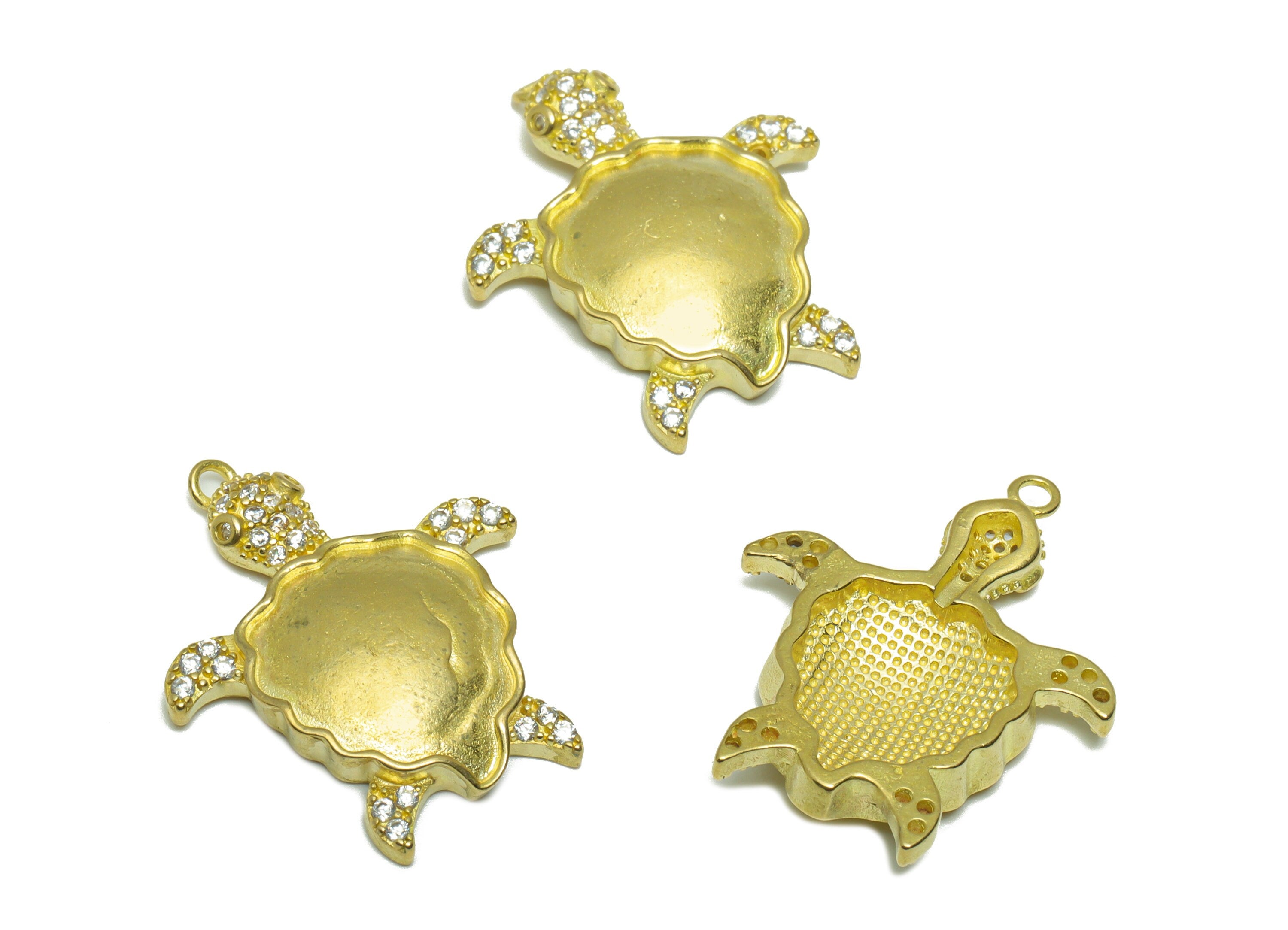 Brass CZ Turtle Figuer Earring Charm - Raw Brass Wavy Cubic Zircon Earring Charm - Zircon Pendant - Animal Pendant - 25.3x21.2x4mm - PP9560 - DOMEDBAZAAR