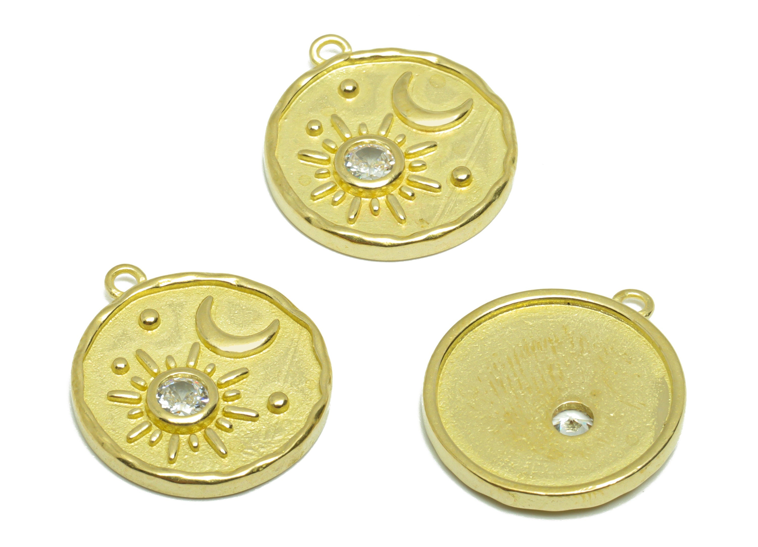 Brass Crescent Earring Charm - Raw Brass Sun Earring Charm - Brass Space Zircon Pendant - CZ Celestial Round Charm - 19.2x17x2.4mm - PP9576 - DOMEDBAZAAR