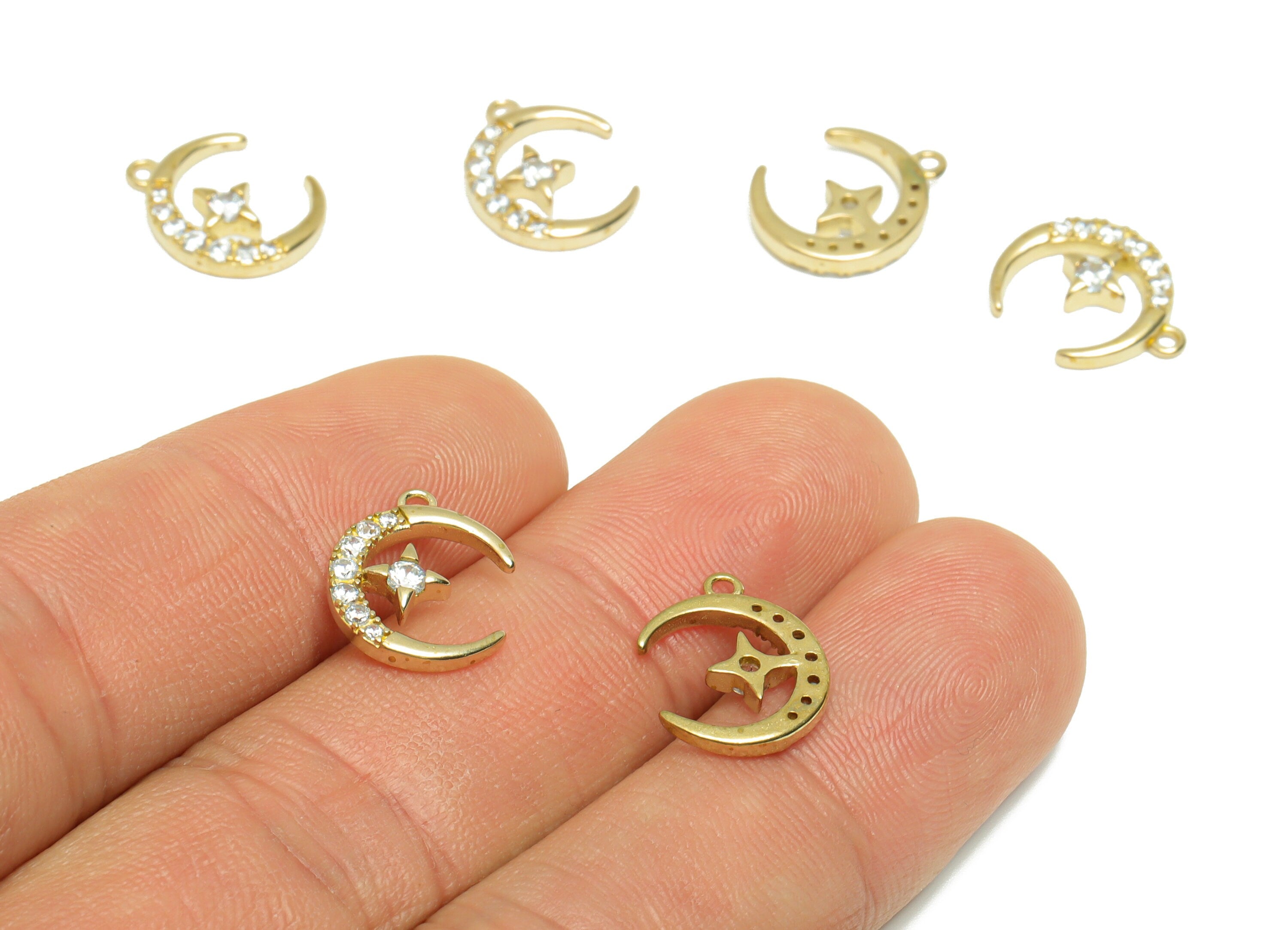 Brass CZ Crescent Earring Charm - Raw Brass Star Earring Charm - Brass Moon Cubic Zircon Pendant - Celestial Charm - 13.9x11x2mm - PP9577 - DOMEDBAZAAR