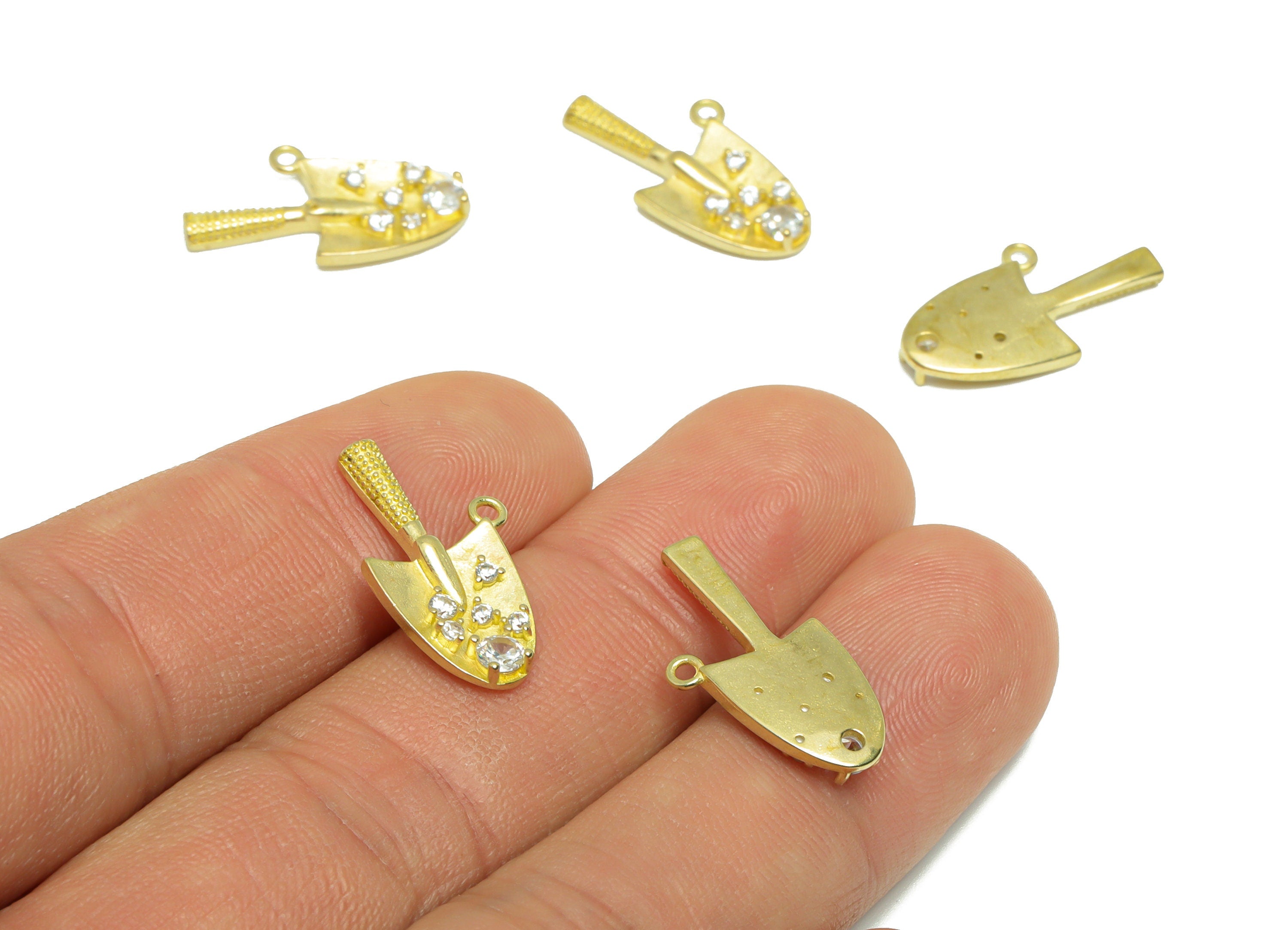 Brass CZ Shovel Earring Charm - Raw Brass Shovel Figure Charm - Brass Shovel Cubic Zircon Pendant - Shovel Pendant - 20.9x10.6x2mm - PP9553 - DOMEDBAZAAR