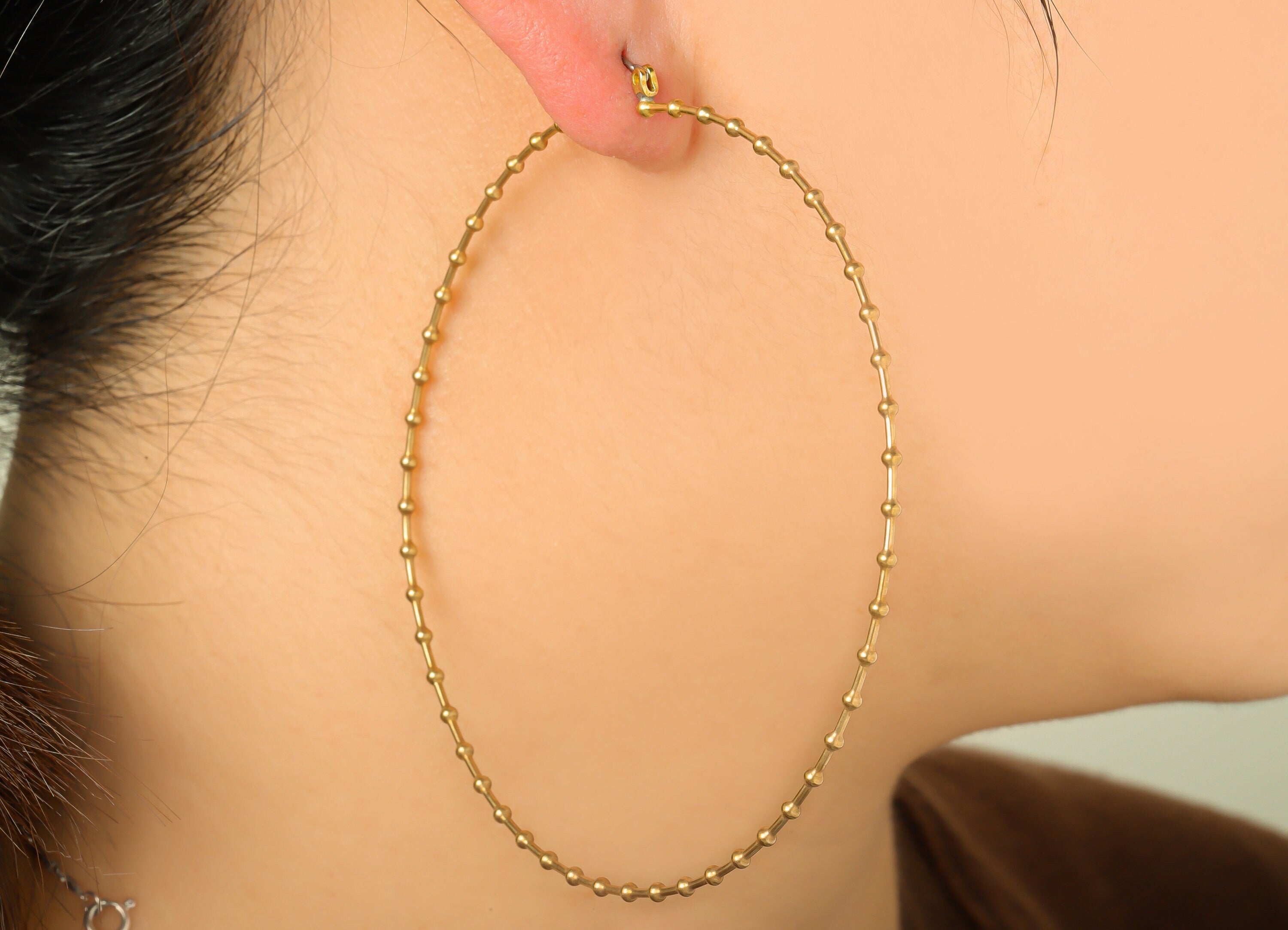 80mm Ball Wire Hoop Earring - Raw Brass Hoop Earring - Brass Hinged Back Hoop Wire Earring - Ball Hoop Wire Earring - 81x80x1mm - PP9401 - DOMEDBAZAAR