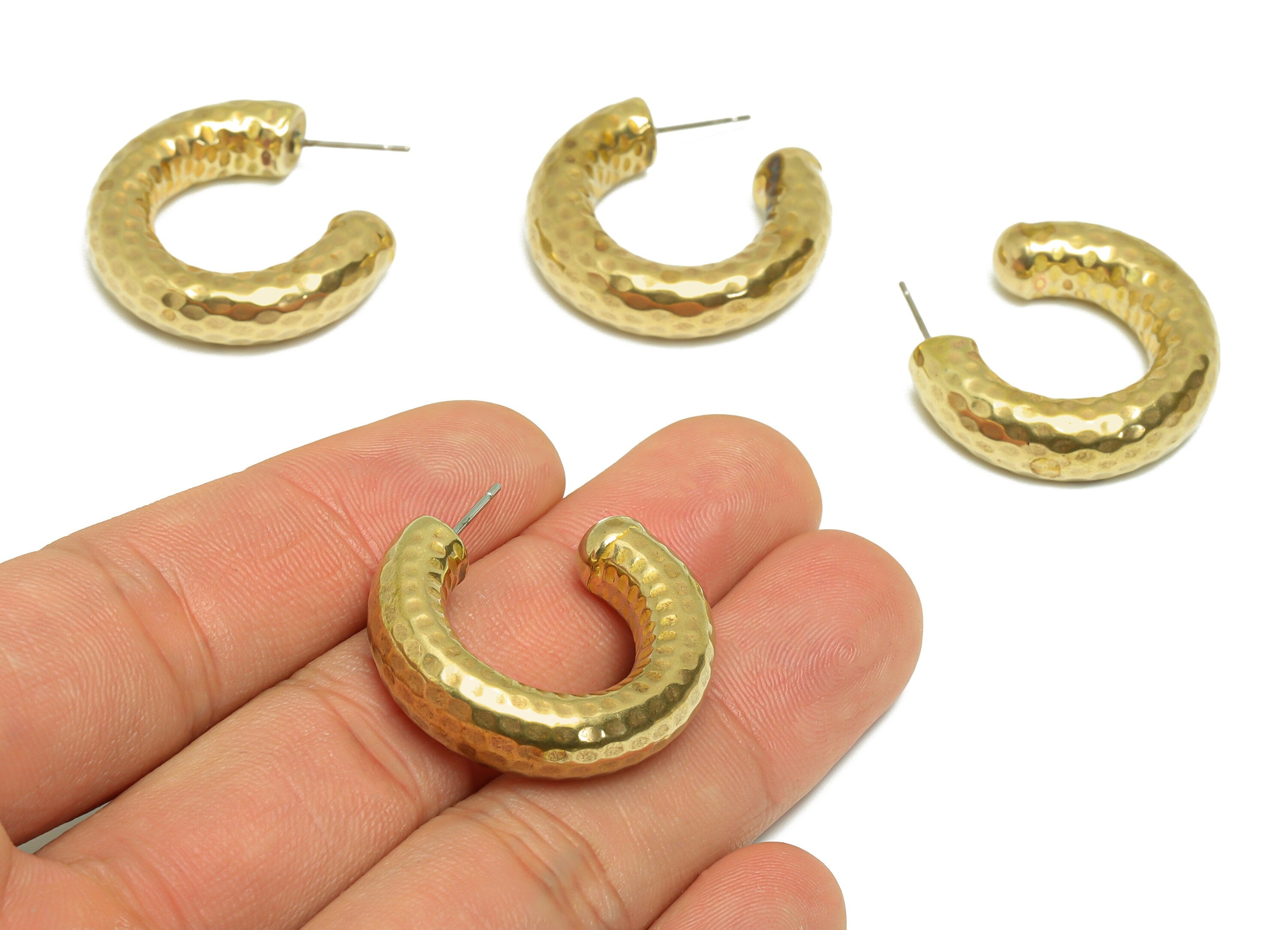 30mm Thick C Hoop Earring Stud - Raw Brass Hoop Earring Post - Brass C Thick Hoop Earring Post - Hammered Hoop Earring - 30x28x7mm - PP9410 - DOMEDBAZAAR