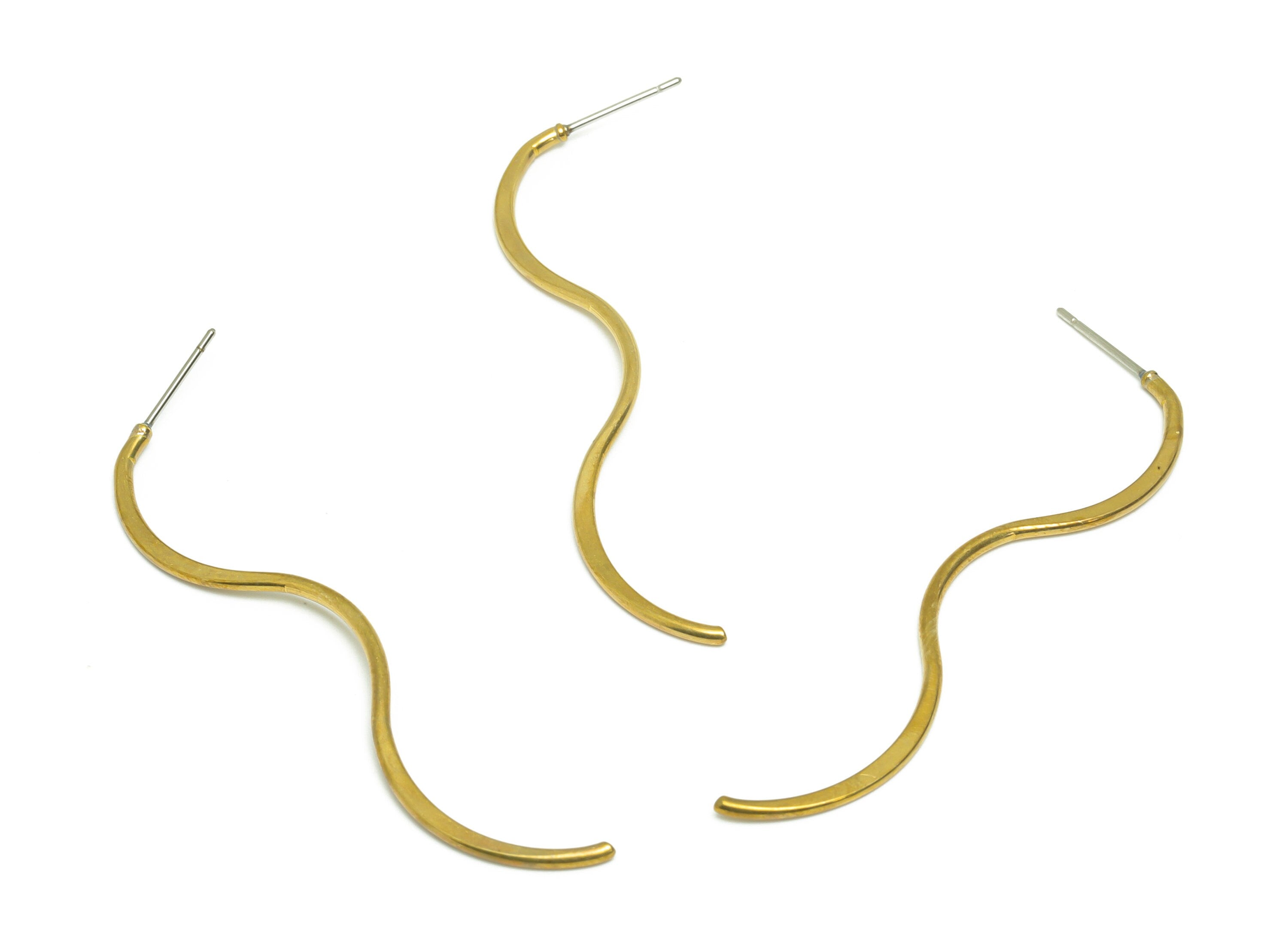 Wavy Wire Hammered Earring - Raw Brass Wire Earring Post - Brass Wavy Earring Post - Brass Hammered Wavy Earring Stud - 60.5x8x1mm - PP9359 - DOMEDBAZAAR