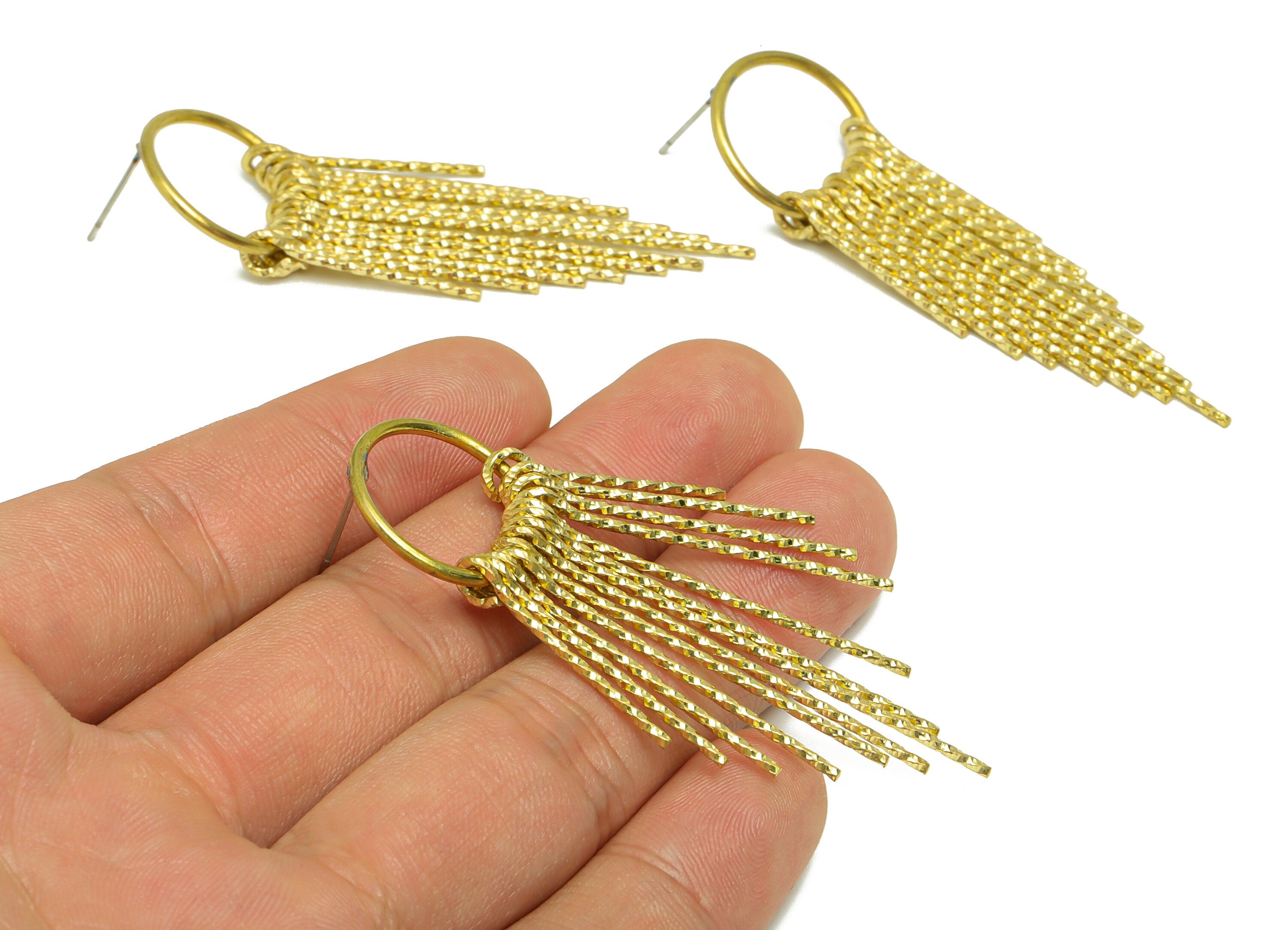 Brass Wire Tassel Earring Stud - Brass Tassel Wire Earring Post - Round 19 Wire Earring Post - Raw Brass Tassel Stud - 39x17.55x1mm - PP9343 - DOMEDBAZAAR