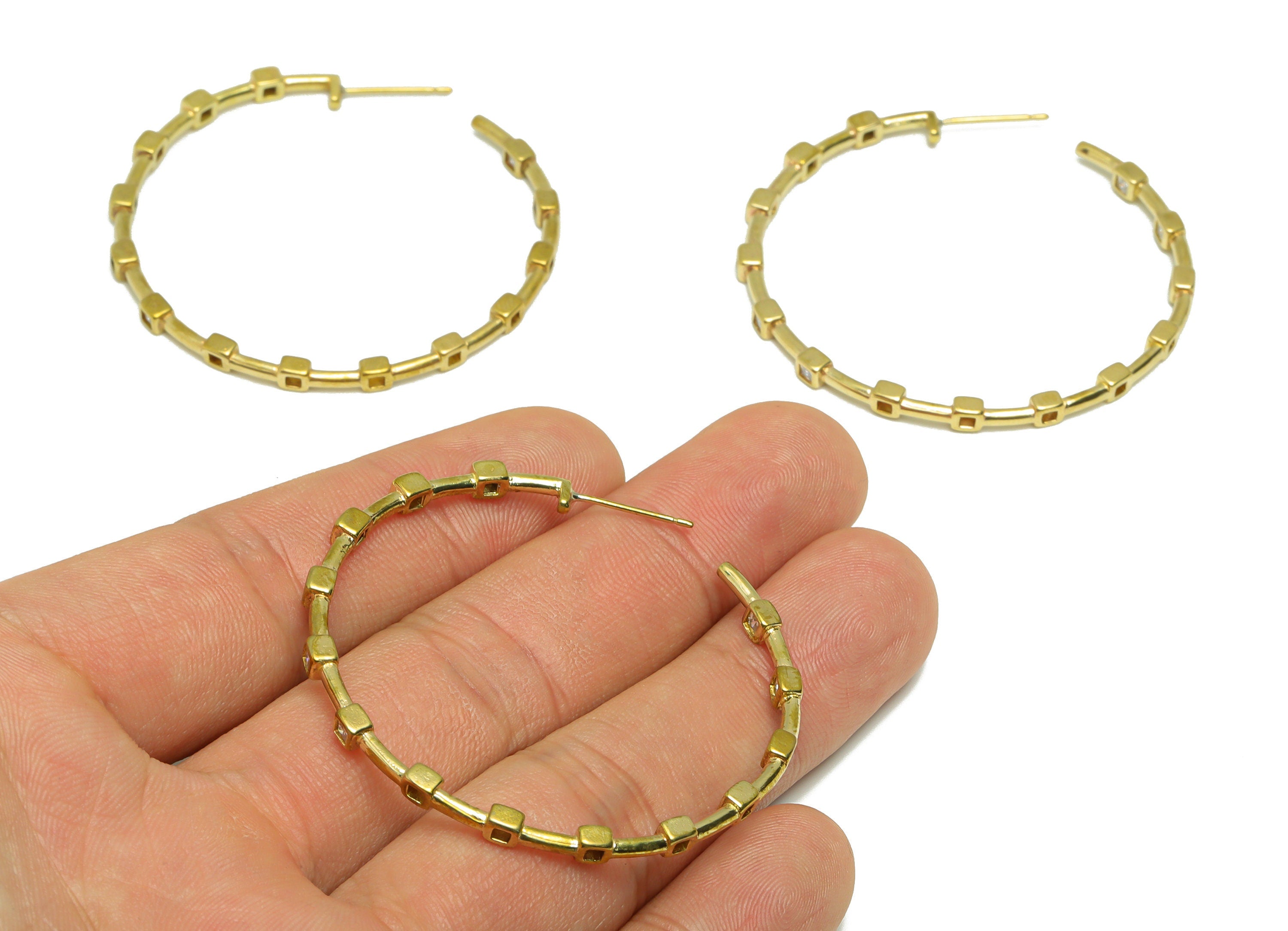 Brass Cube C Hoop Earring Stud - Raw Brass Open Hoop Zircon Earring Post - Brass Beads Zircon Hoop Earring Post - 44.23x44.23x2.7mm - PP9312 - DOMEDBAZAAR