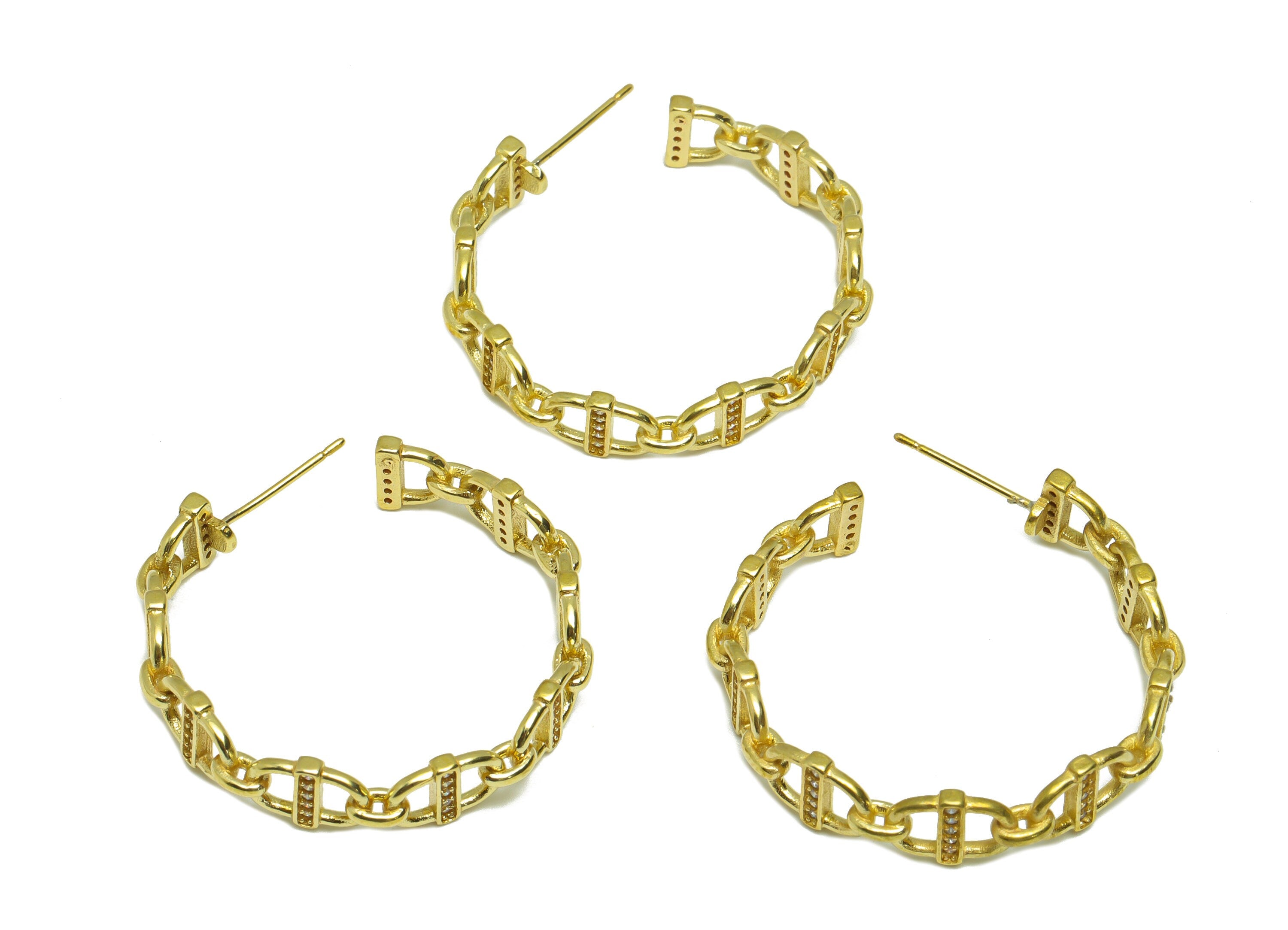 Brass Chain C Hoop Earring Stud - Raw Brass Open Hoop Zircon Earring Post - Brass Link Zircon Hoop Earring Post - 31.25x31.25x1.64mm- PP9311 - DOMEDBAZAAR