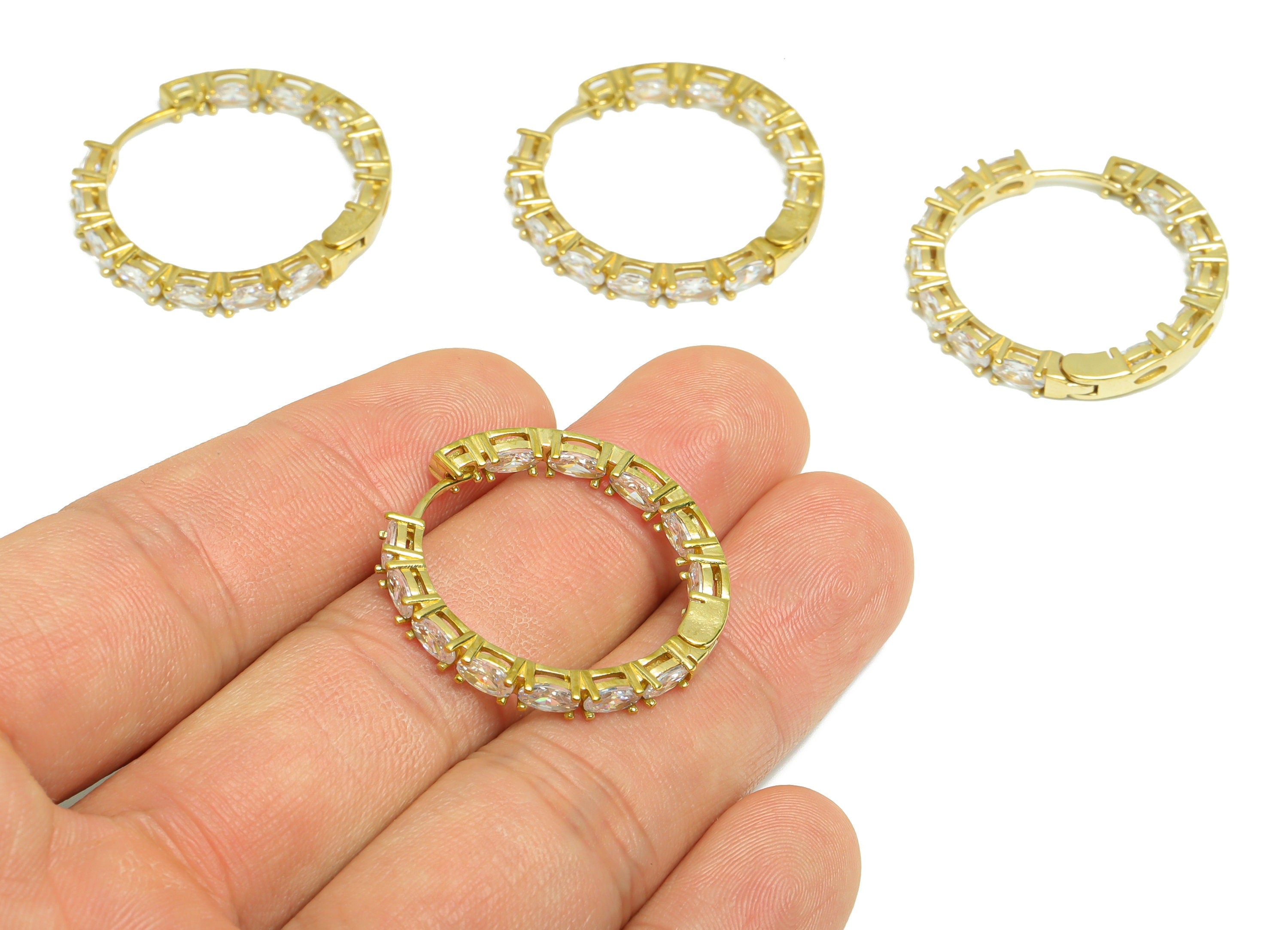 Brass Oval Huggie Hoop Earring - Raw Brass CZ Round Hoop Earring - Brass Huggie Hoop Wire Earring - Zircon Clasp Earring - 29x29x3mm -PP9330 - DOMEDBAZAAR