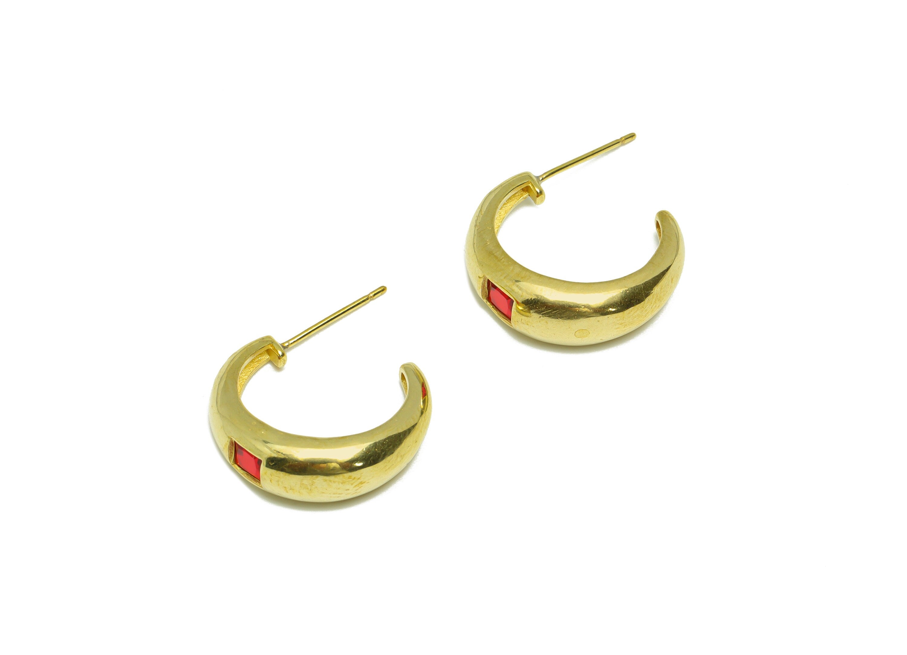 Brass C Hoop Earring Stud - Raw Brass Open Hoop Pink Zircon Earring Post - Brass Thick Zircon Hoop Earring Post - 24.7x6x3mm - PP9337 - DOMEDBAZAAR