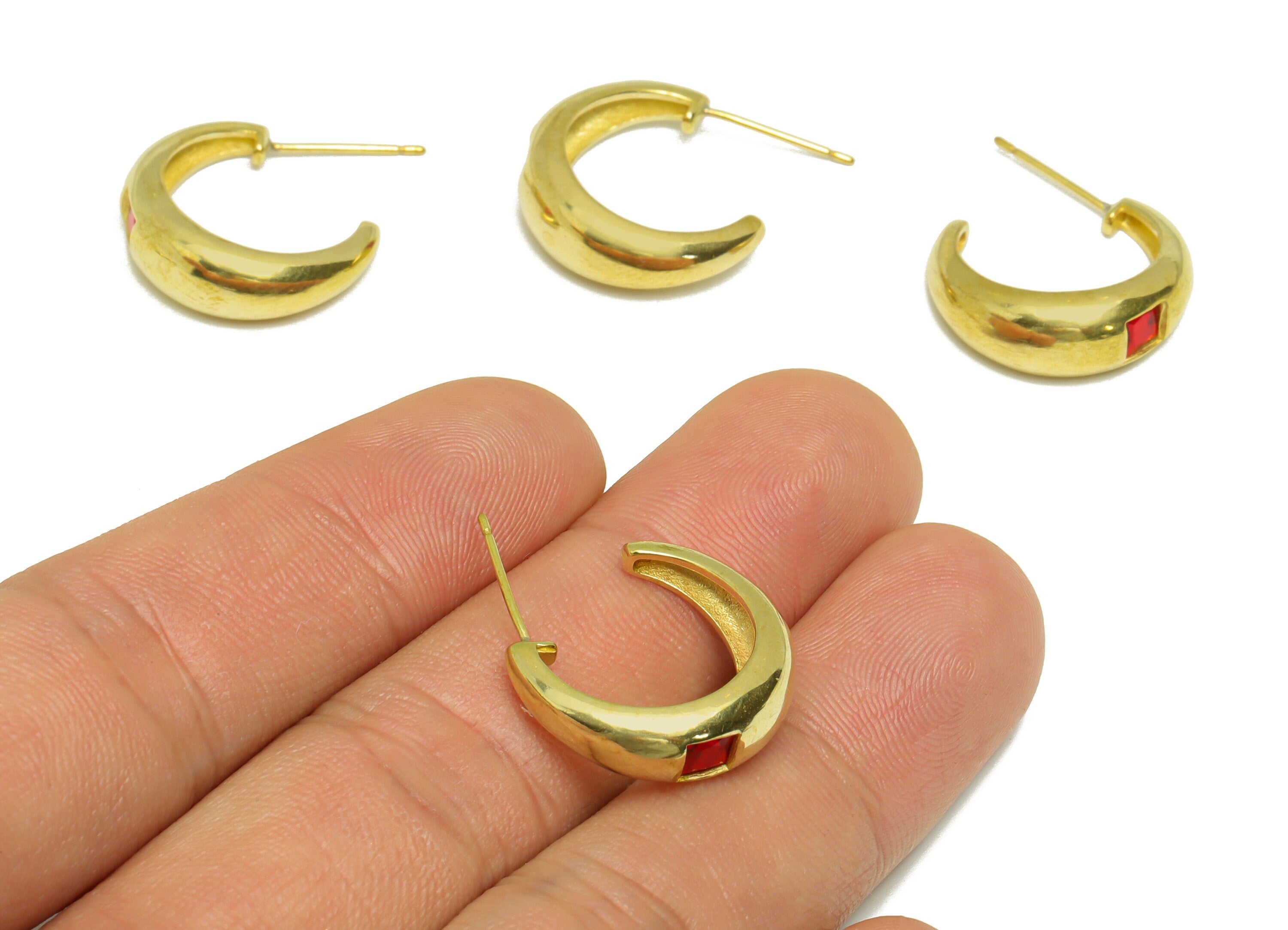 Brass C Hoop Earring Stud - Raw Brass Open Hoop Pink Zircon Earring Post - Brass Thick Zircon Hoop Earring Post - 24.7x6x3mm - PP9337 - DOMEDBAZAAR