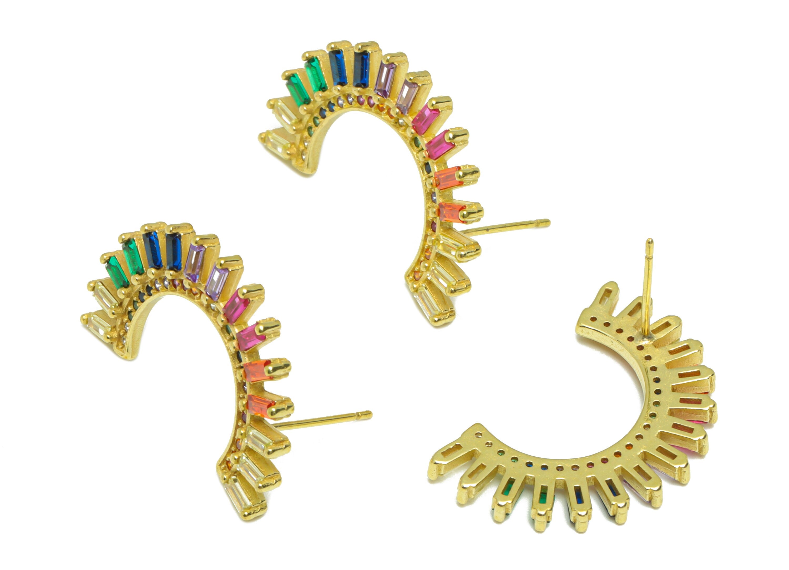 Rectangle CZ C Hoop Earring - Raw Brass Rainbow Open Hoop Zircon Earring Post - Zircon C Hoop Earring Post - 14.73x26.46x2.54mm -PP9323 - DOMEDBAZAAR