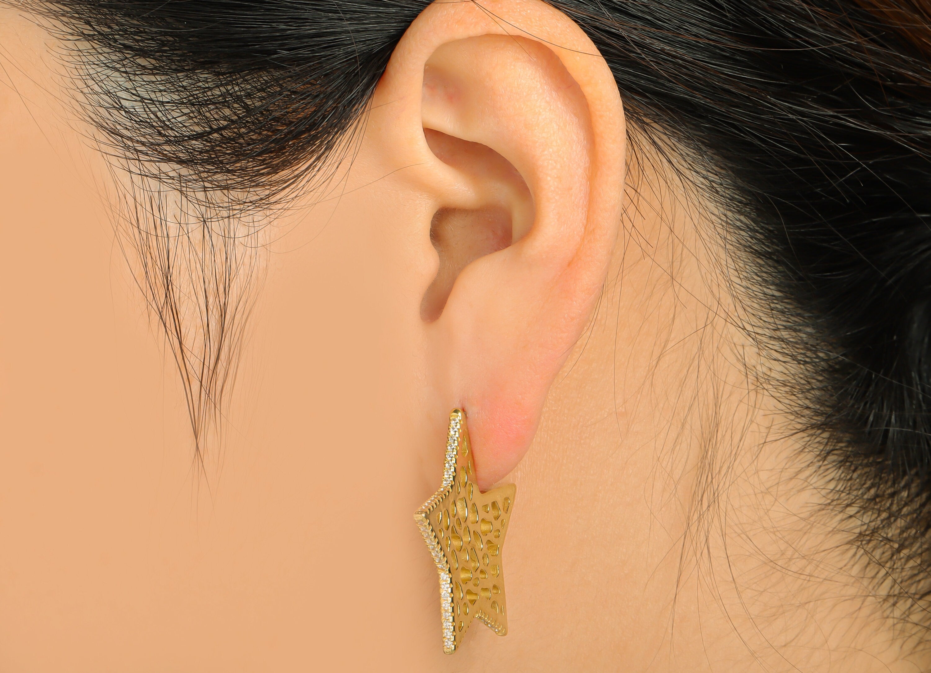 Brass Textured Star Earring Stud - Raw Brass Hollow Star Earring Post - Star CZ Earring Post - Star Cubic Zircon Earring - 30x31x1mm -PP9336 - DOMEDBAZAAR