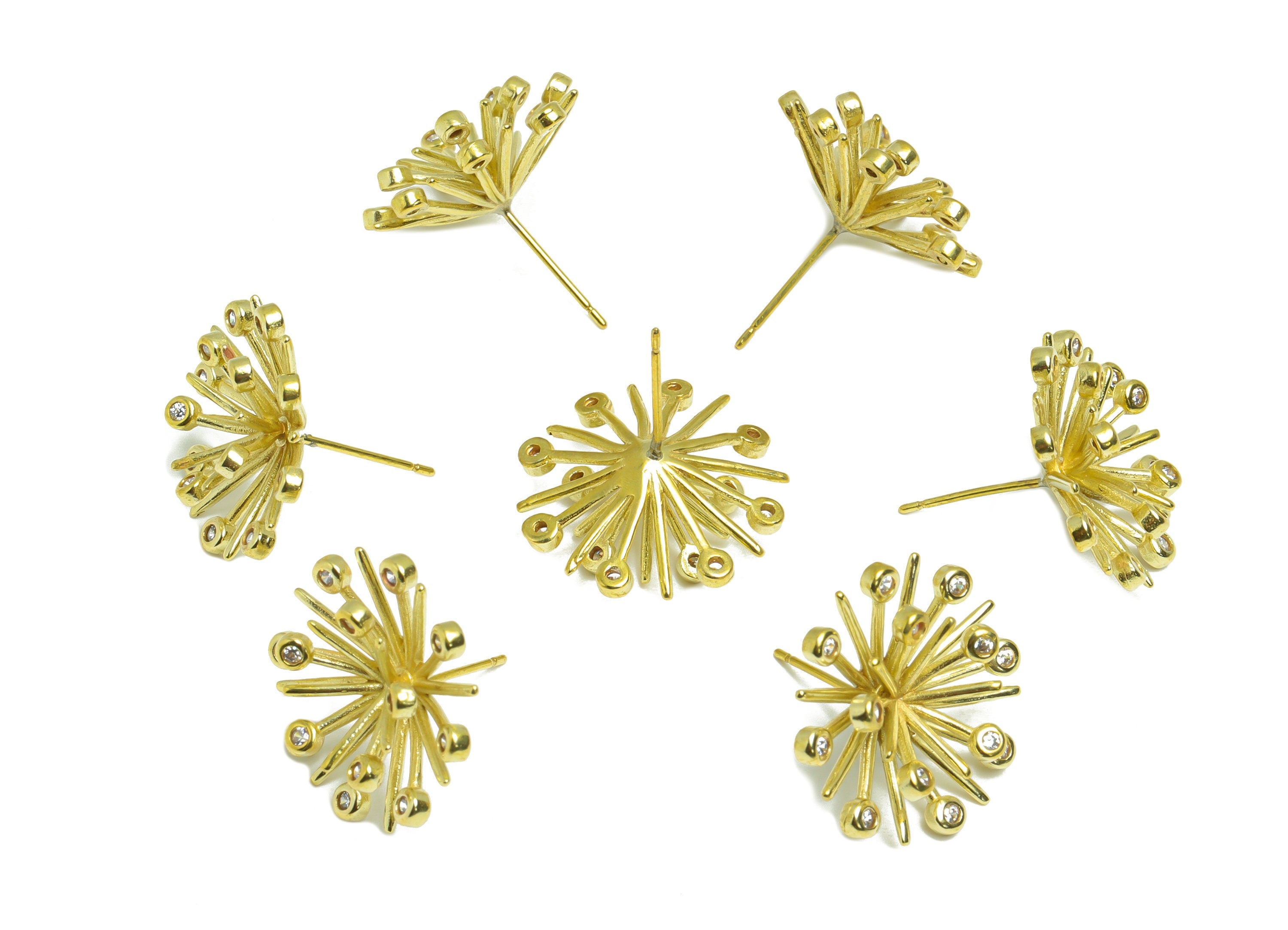 Brass CZ Flower Earring Stud - Raw Brass Dandelion Earring Post - Botanical Earring Post - Pistil Cubic Zircon Earring - 20x20x7mm - PP9309 - DOMEDBAZAAR