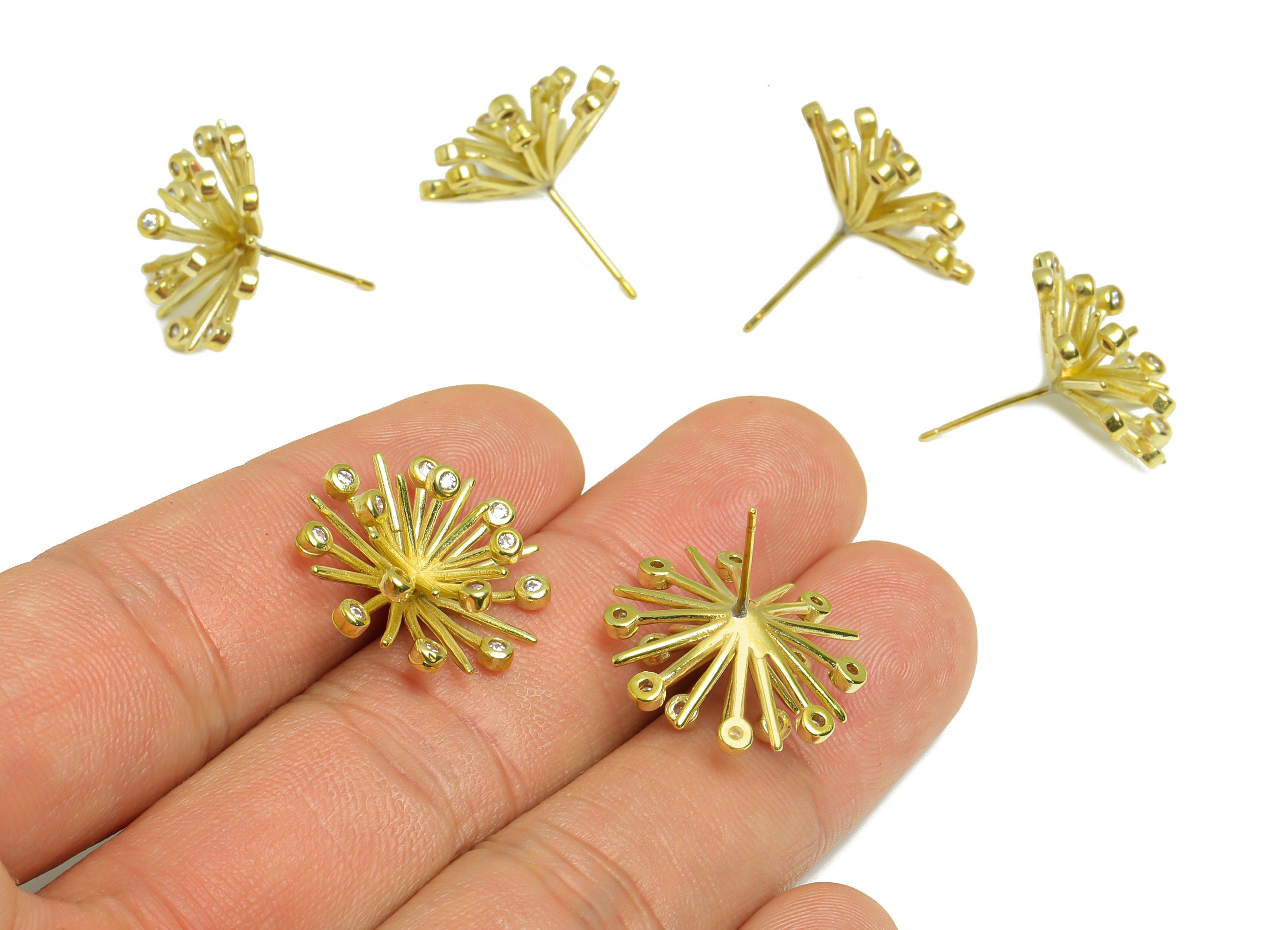 Brass CZ Flower Earring Stud - Raw Brass Dandelion Earring Post - Botanical Earring Post - Pistil Cubic Zircon Earring - 20x20x7mm - PP9309 - DOMEDBAZAAR