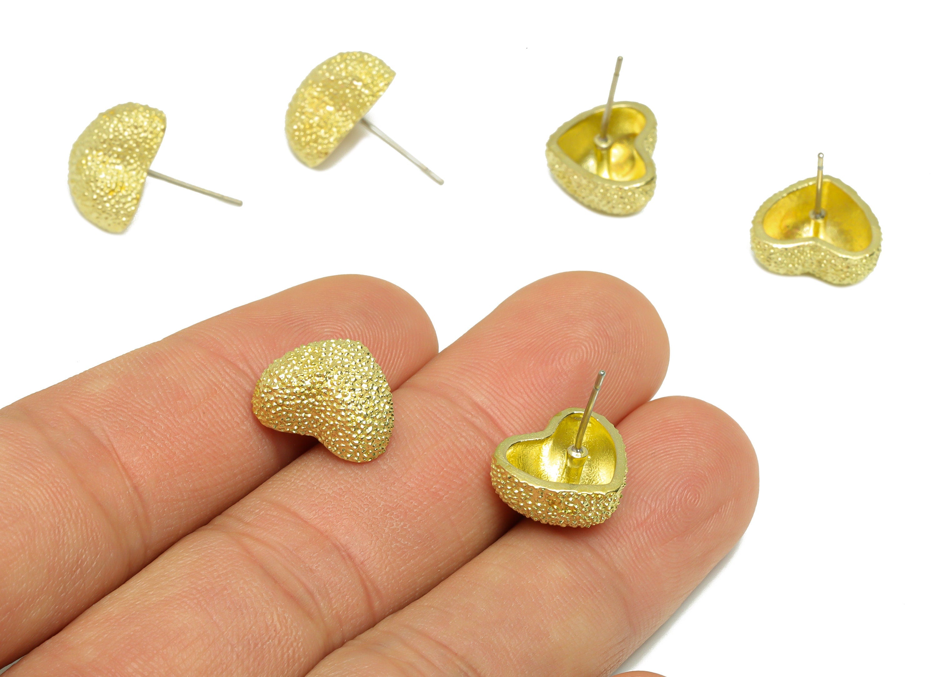 Brass Textured Heart Earring Stud - Raw Brass Frosted Heart Earring Post - Brass Cubic Heart Earring Post - Textured Post - 18x14x7mm-PP9213 - DOMEDBAZAAR