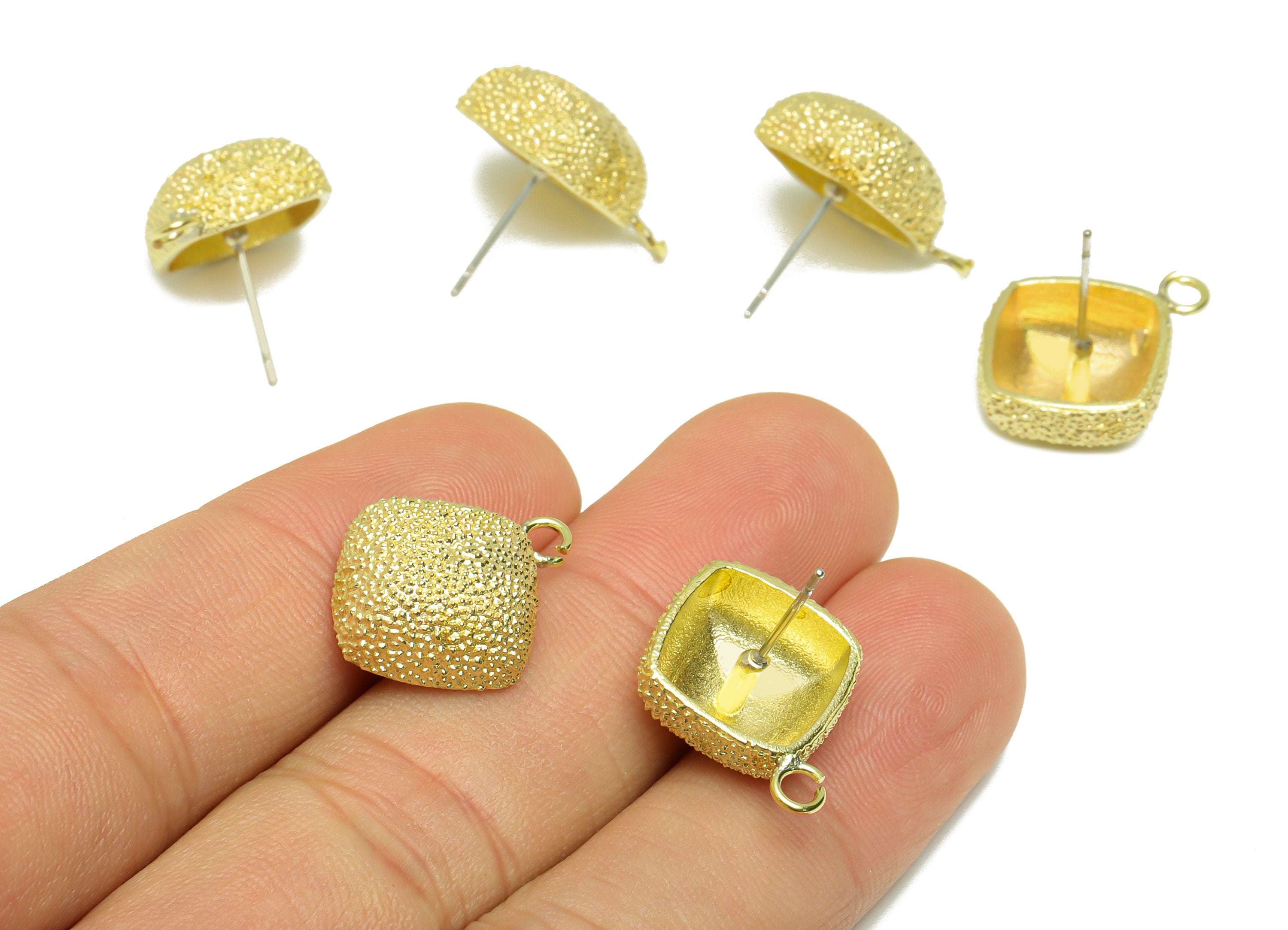 Brass Textured Cube Earring Stud - Raw Brass Frosted Cube Earring Post - Brass Cubic Square Earring Post with Loop - 18x16x7mm - PP9212 - DOMEDBAZAAR