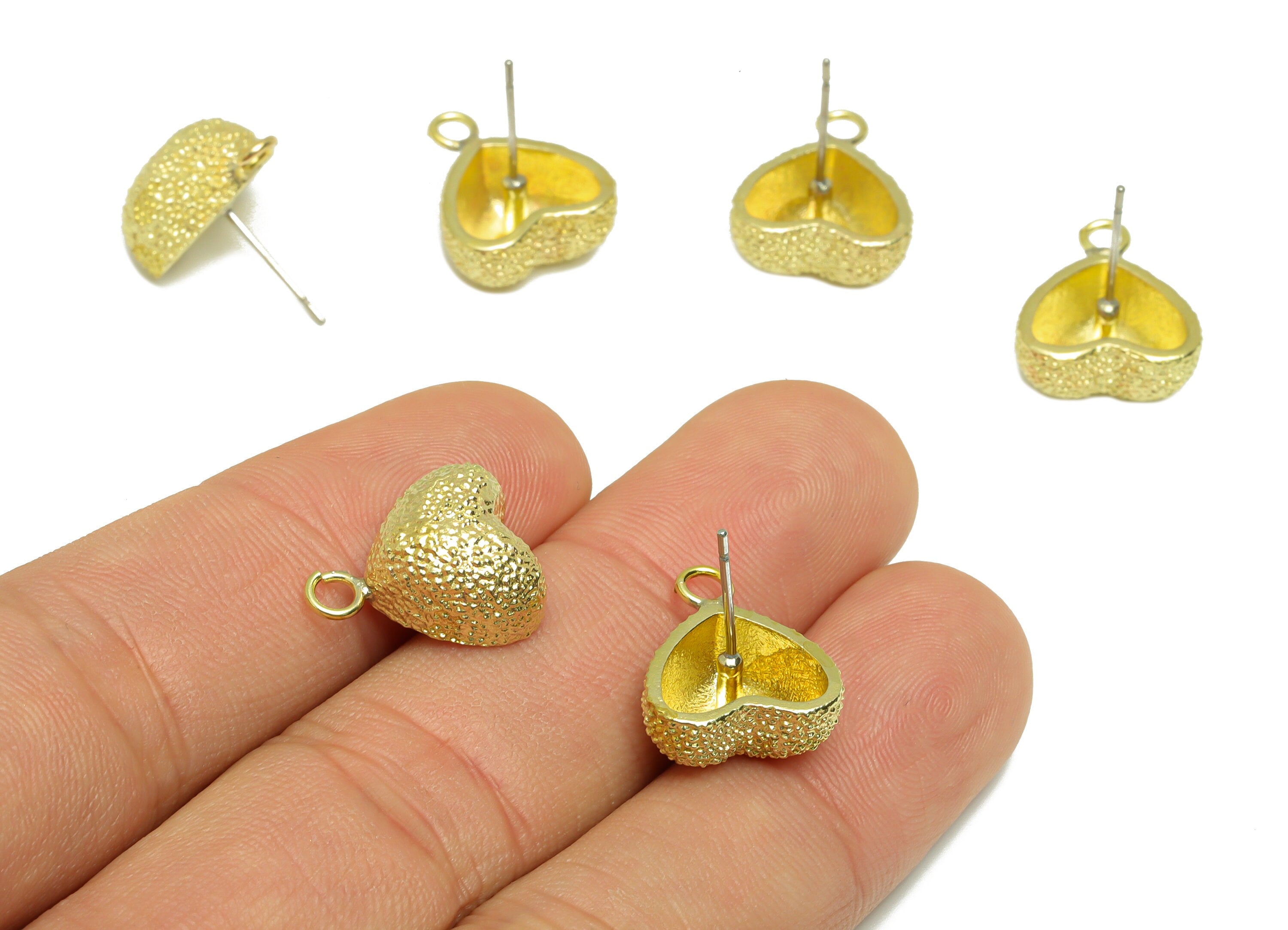 Brass Textured Heart Earring Stud - Raw Brass Frosted Heart Earring Post - Brass Cubic Heart Earring Post With Loop - 18.28x13.67x6mm-PP9211 - DOMEDBAZAAR