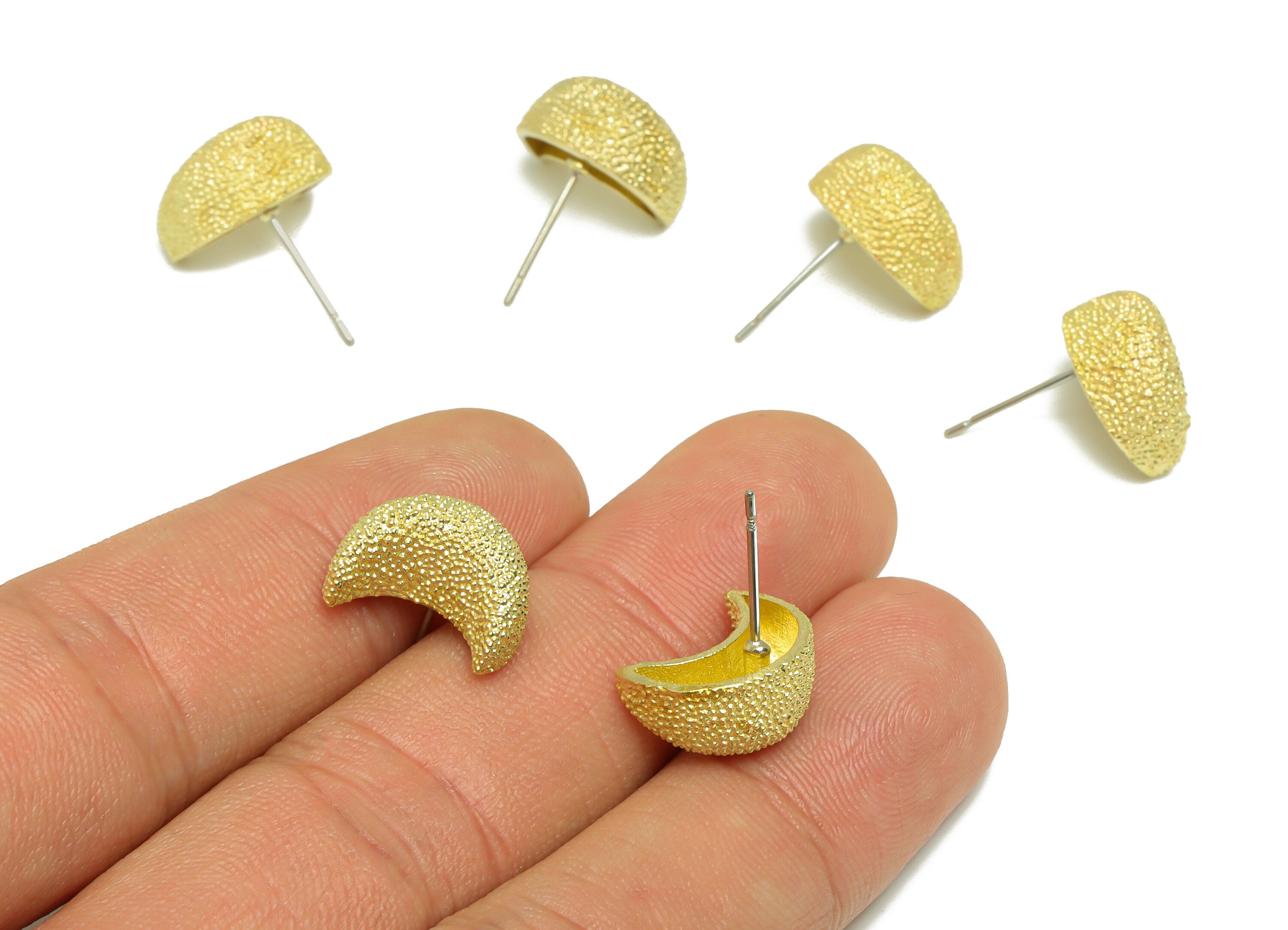 Brass Textured Crescent Earring Stud - Raw Brass Frosted Moon Earring Post - Brass Cubic Crescent Earring Post - 18.47x6.3x7.05mm - PP9216 - DOMEDBAZAAR
