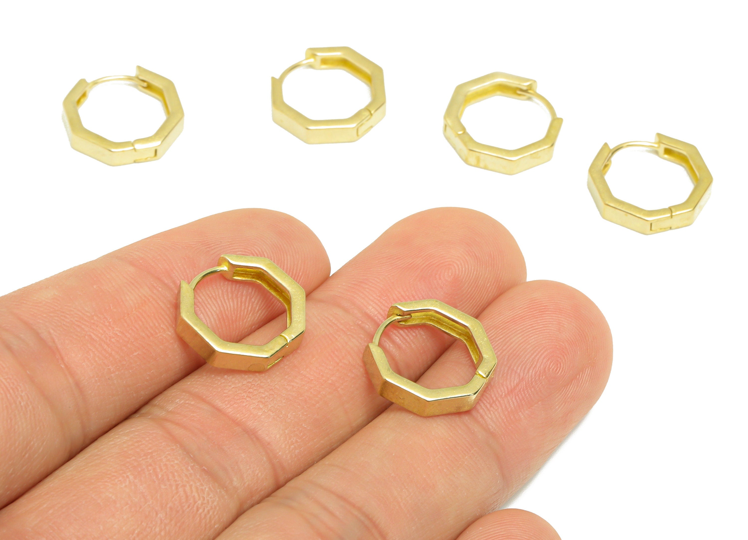Hexagon Huggie Hoop Earring - Raw Brass Geometry Earring Clasp - Brass Clasp Earring - Clasp Hoop Earring - 13.9x13x1.5mm - PP9285 - DOMEDBAZAAR