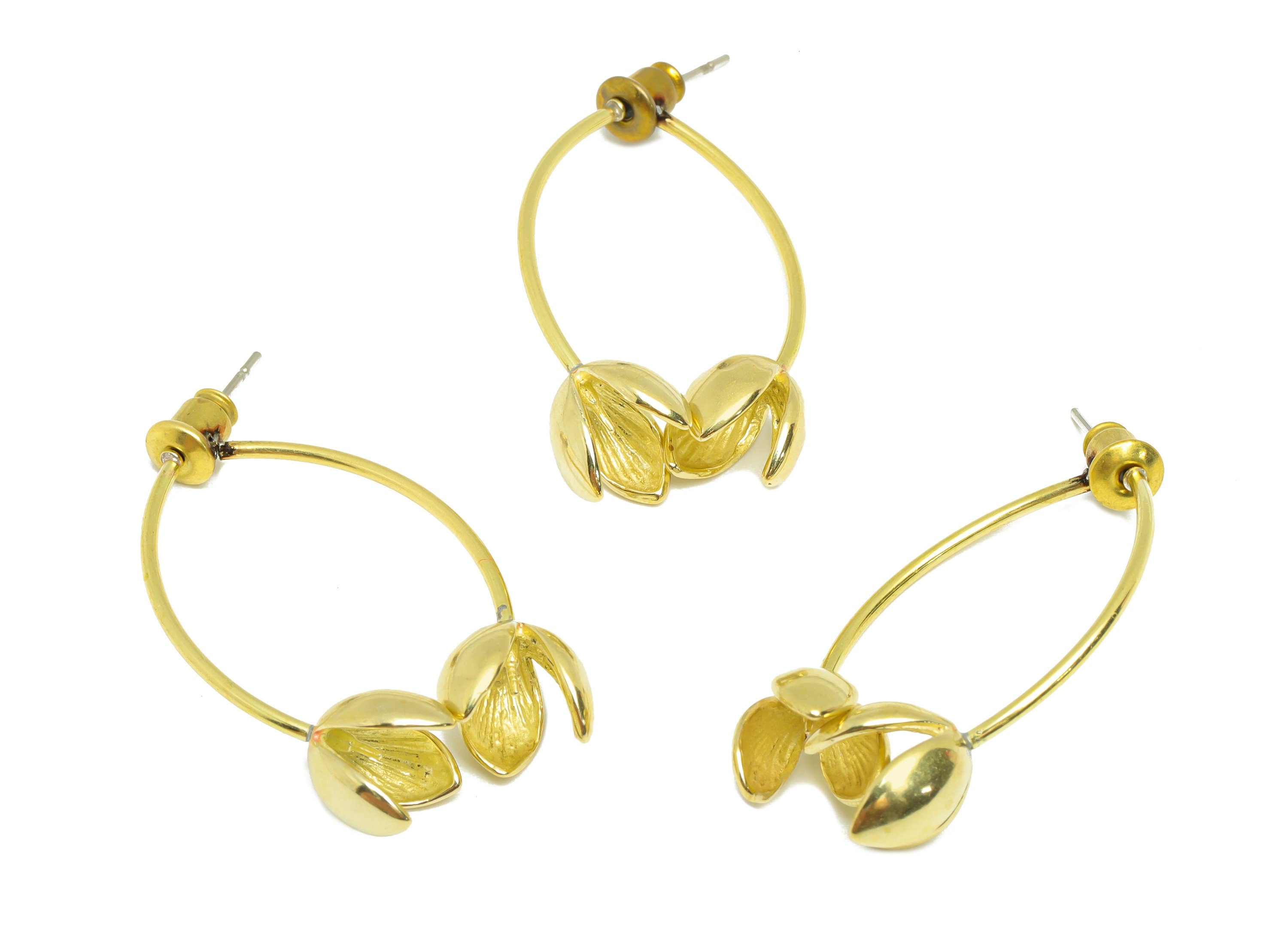 Flower Dangle Earring Post - Raw Brass Flower Wire Earring Post - Bud Earring Post For Pearl - Brass Botanical Earring - 38x9x8mm - PP9295 - DOMEDBAZAAR