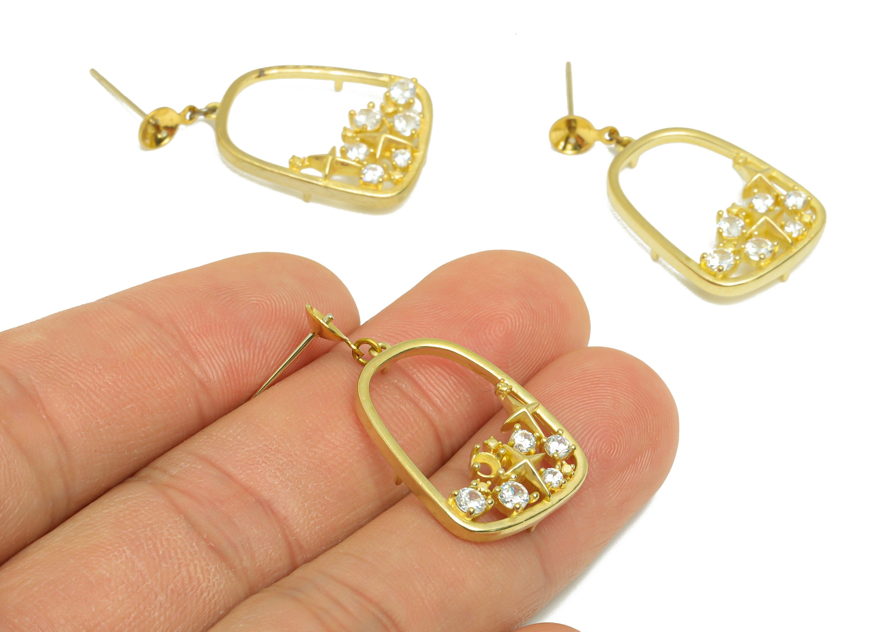 Brass Domed CZ Dangle Earring - Raw Brass Cubic Zircon Star  Post - Star Earring Post For Pearl - Hanging Earring Post - 24x17x1mm - PP9284 - DOMEDBAZAAR