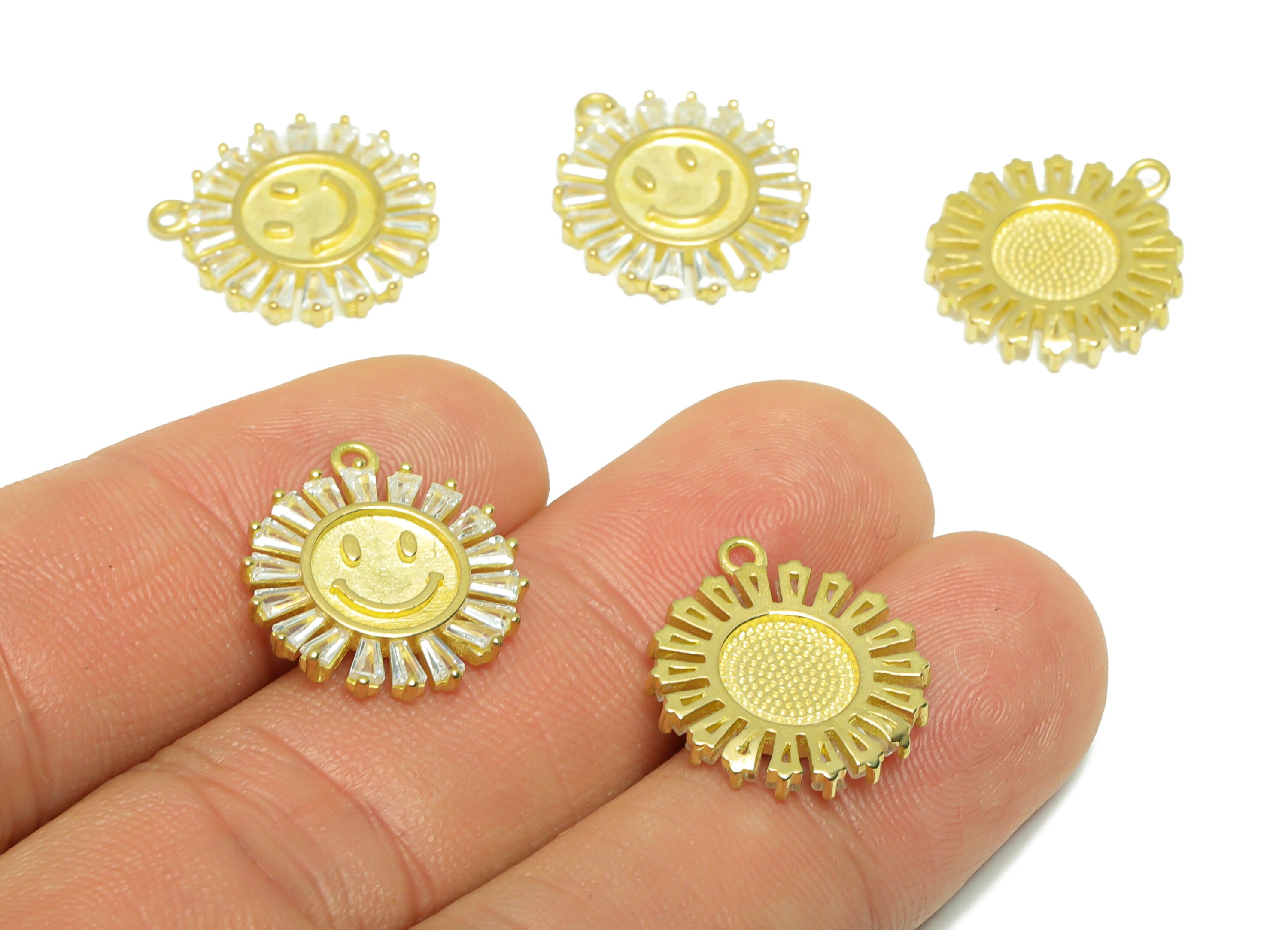 Brass CZ Face Earring Charm - Raw Brass Round Zircon Earring Charm - Brass Sun Cubic Zircon Pendant - For Pendant - 18.5x16.3x2.09mm- PP9282 - DOMEDBAZAAR