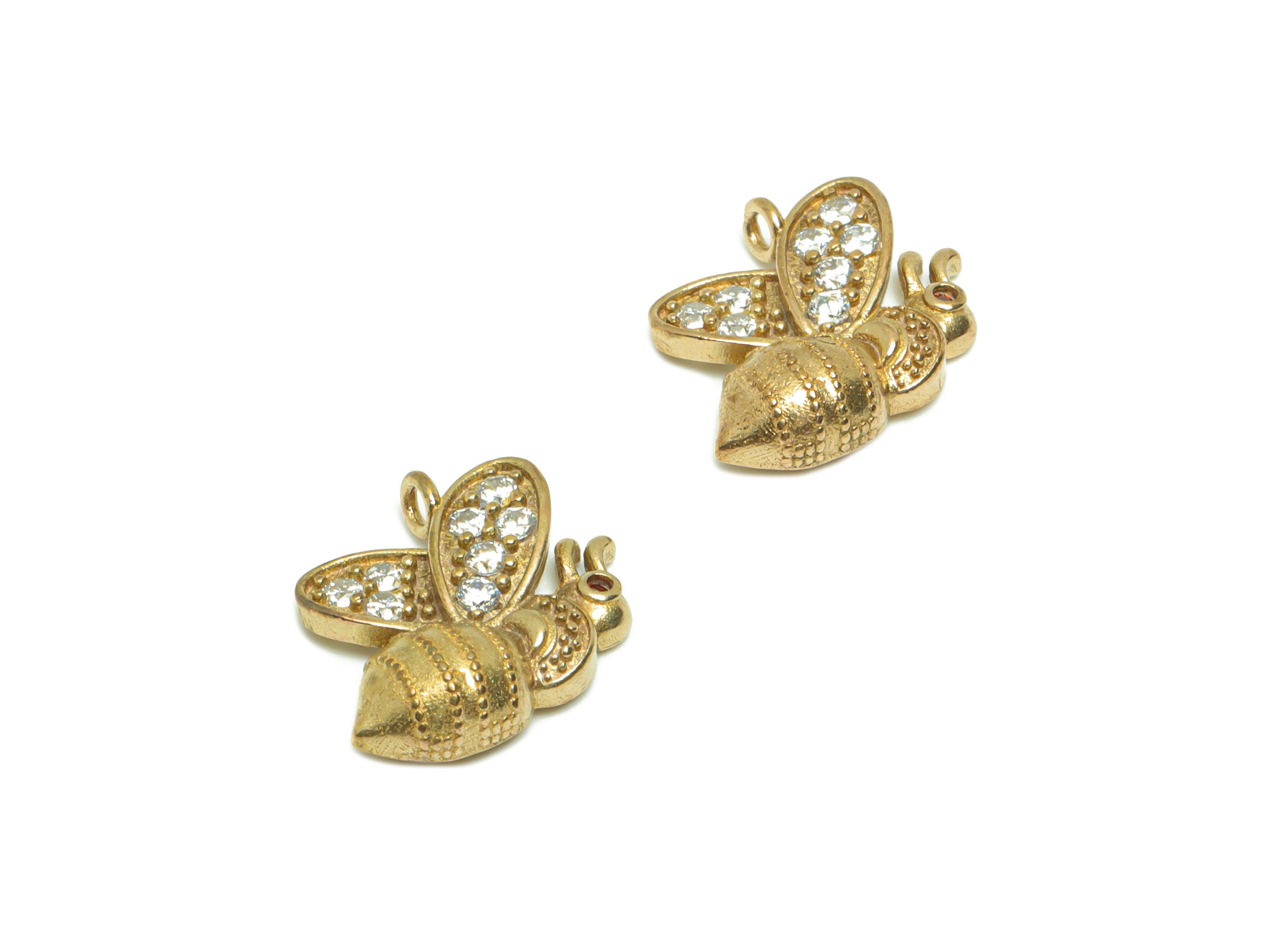 Brass CZ Bee Earring Charm - Raw Brass Insect Zircon Earring Charm - Textured Bee Zircon Pendant - Bee Figure Charm - 16.2x13x4mm - PP9277 - DOMEDBAZAAR