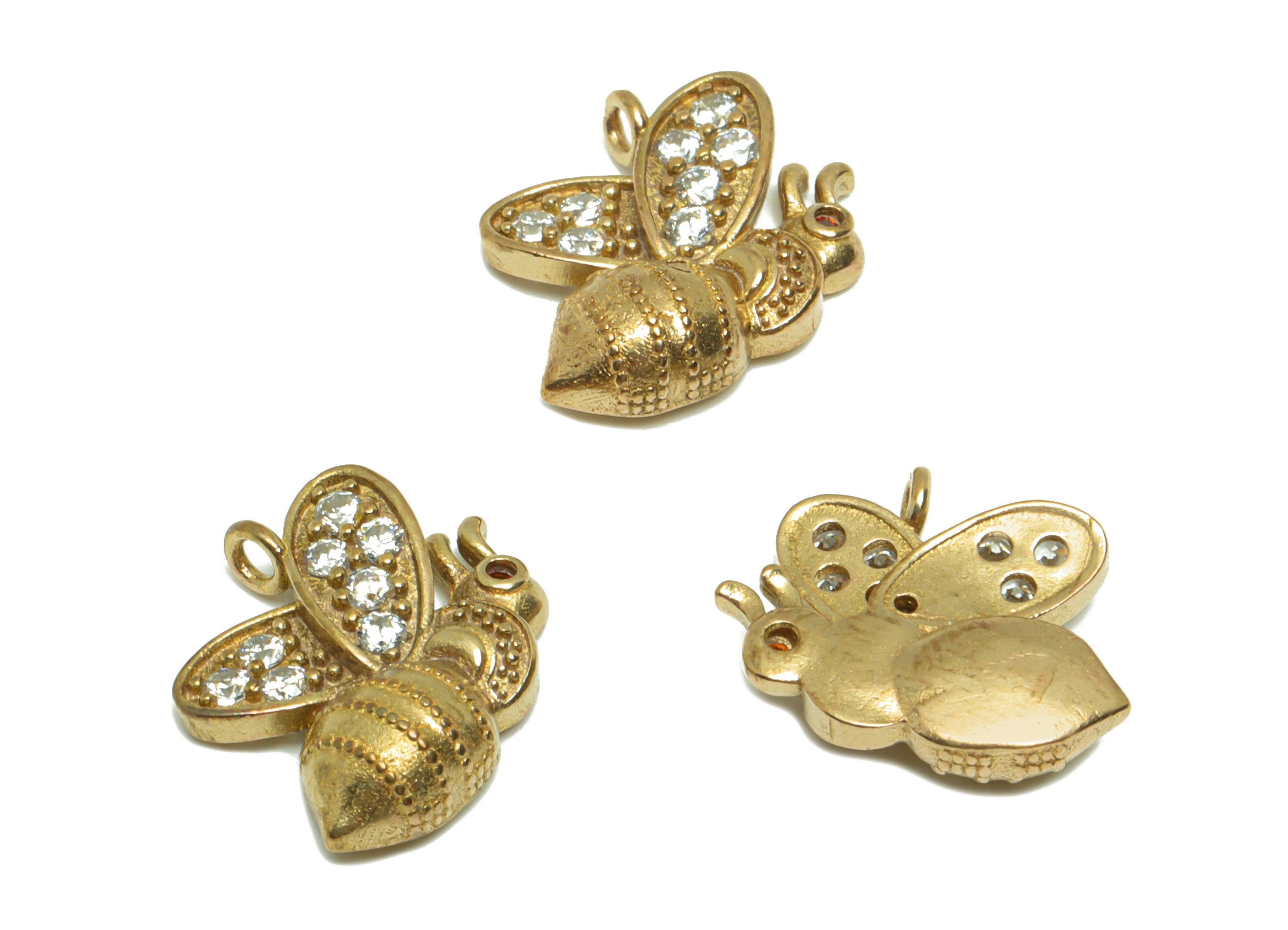 Brass CZ Bee Earring Charm - Raw Brass Insect Zircon Earring Charm - Textured Bee Zircon Pendant - Bee Figure Charm - 16.2x13x4mm - PP9277 - DOMEDBAZAAR