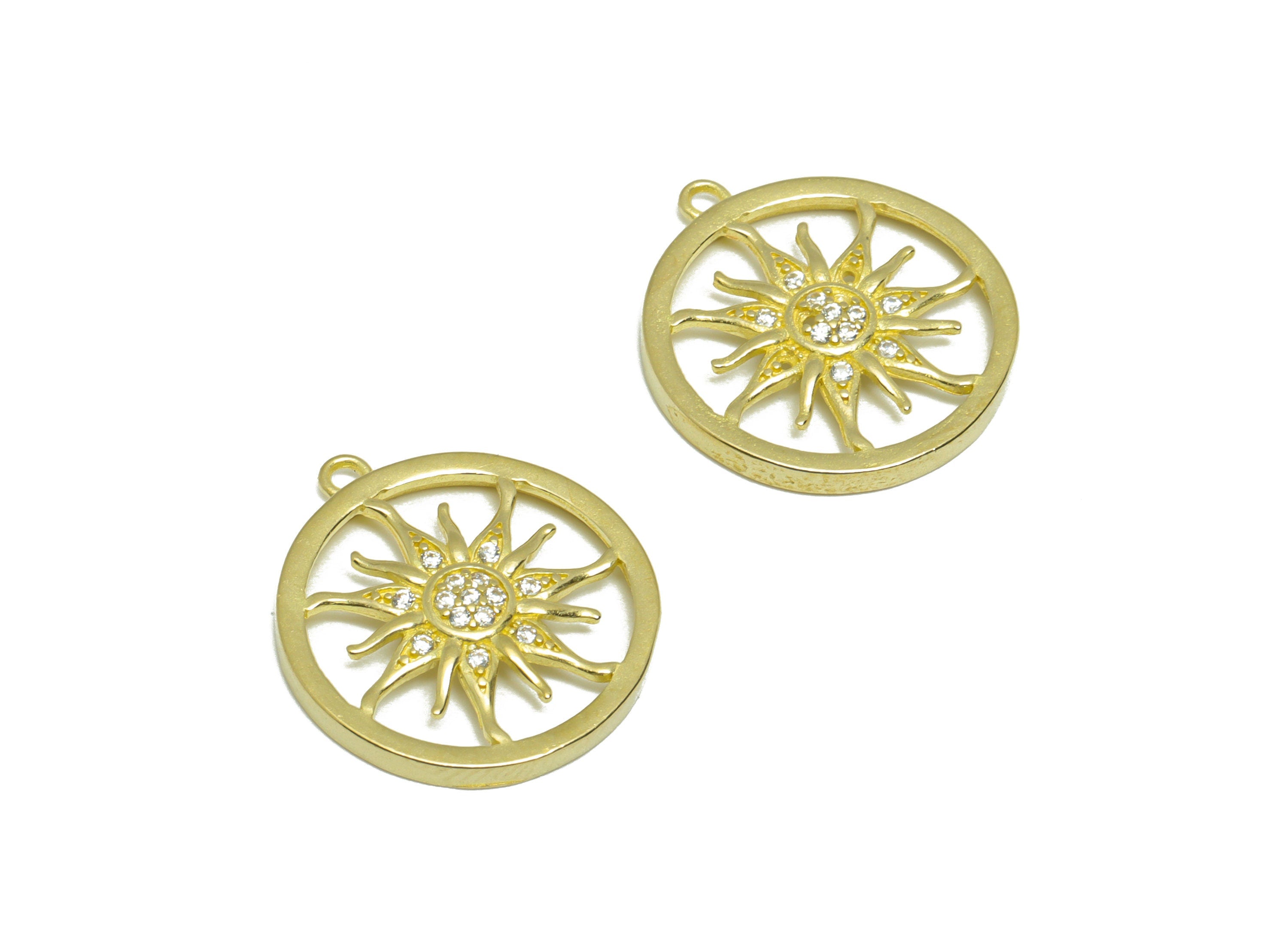 Brass CZ Sun Earring Charm - Raw Brass Sunshine Zircon Earring Charm - Brass Round Zircon Pendant - For Pendant - 19.64x17.8x1.17mm - PP9280 - DOMEDBAZAAR
