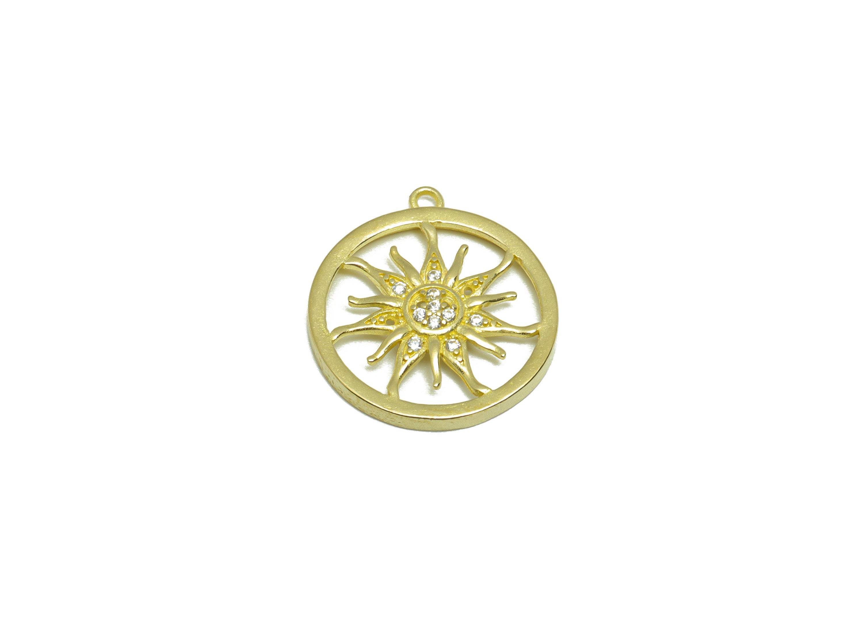 Brass CZ Sun Earring Charm - Raw Brass Sunshine Zircon Earring Charm - Brass Round Zircon Pendant - For Pendant - 19.64x17.8x1.17mm - PP9280 - DOMEDBAZAAR