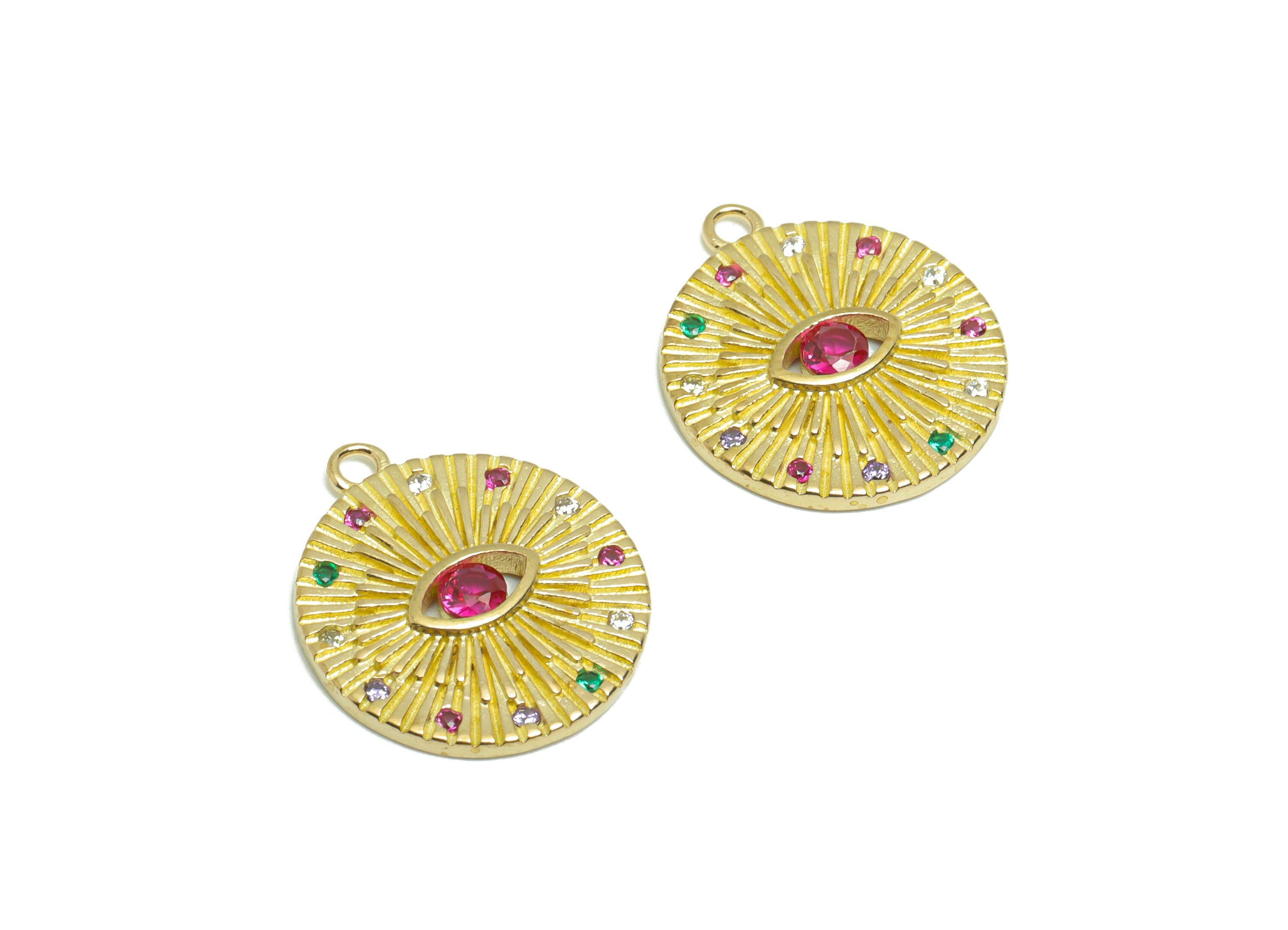 Brass CZ Round Earring Charm - Raw Brass Cubic Zircon Eye Earring Charm - Brass Textured Pendant - Pink Zircon Charm - 17.9x15x1mm - PP9301 - DOMEDBAZAAR