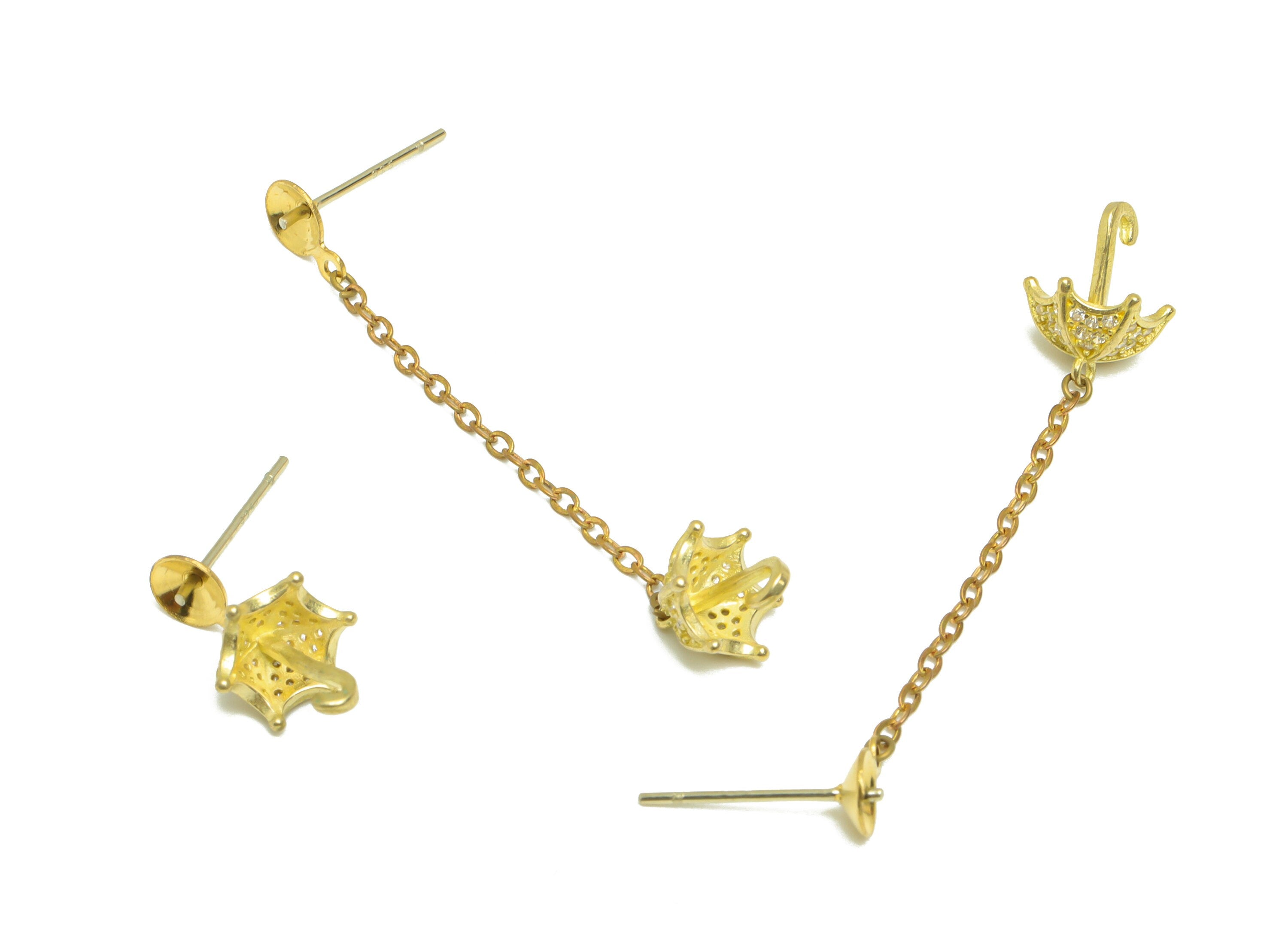 Brass CZ Umbrella Earring Post - Brass Zircon Earring Stud Pearl Setting - Brass Chain Dangle Earring Stud - 42x8.03x8.18mm - PP9604 - DOMEDBAZAAR