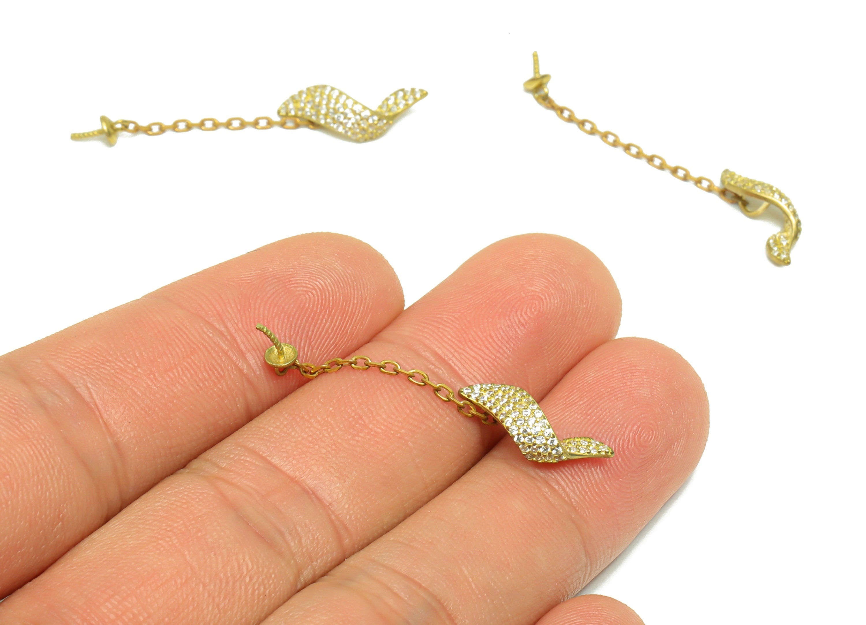 Brass CZ Wavy Earring Wire - Raw Brass Zircon Twisted Chain Earring - CZ Chain Pearl Setting For Earring - Pearl Setting - 44x4x4mm - PP9602 - DOMEDBAZAAR