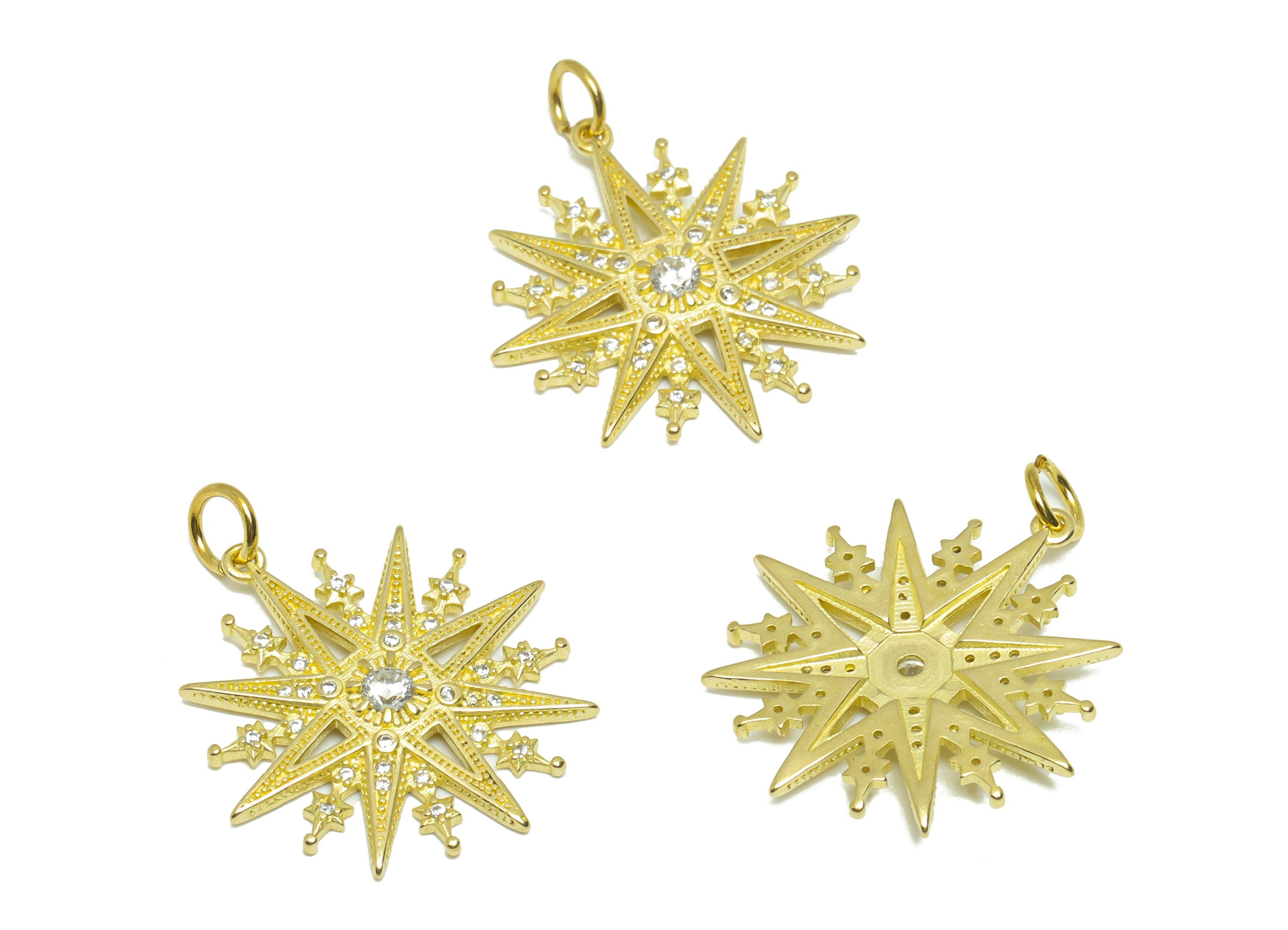 Brass CZ Sun Earring Charm - Raw Brass Cubic Zircon Sunshine Earring Charm - Brass Textured Zircon Star Pendant - 27.4x20.9x3.08mm - PP9551 - DOMEDBAZAAR