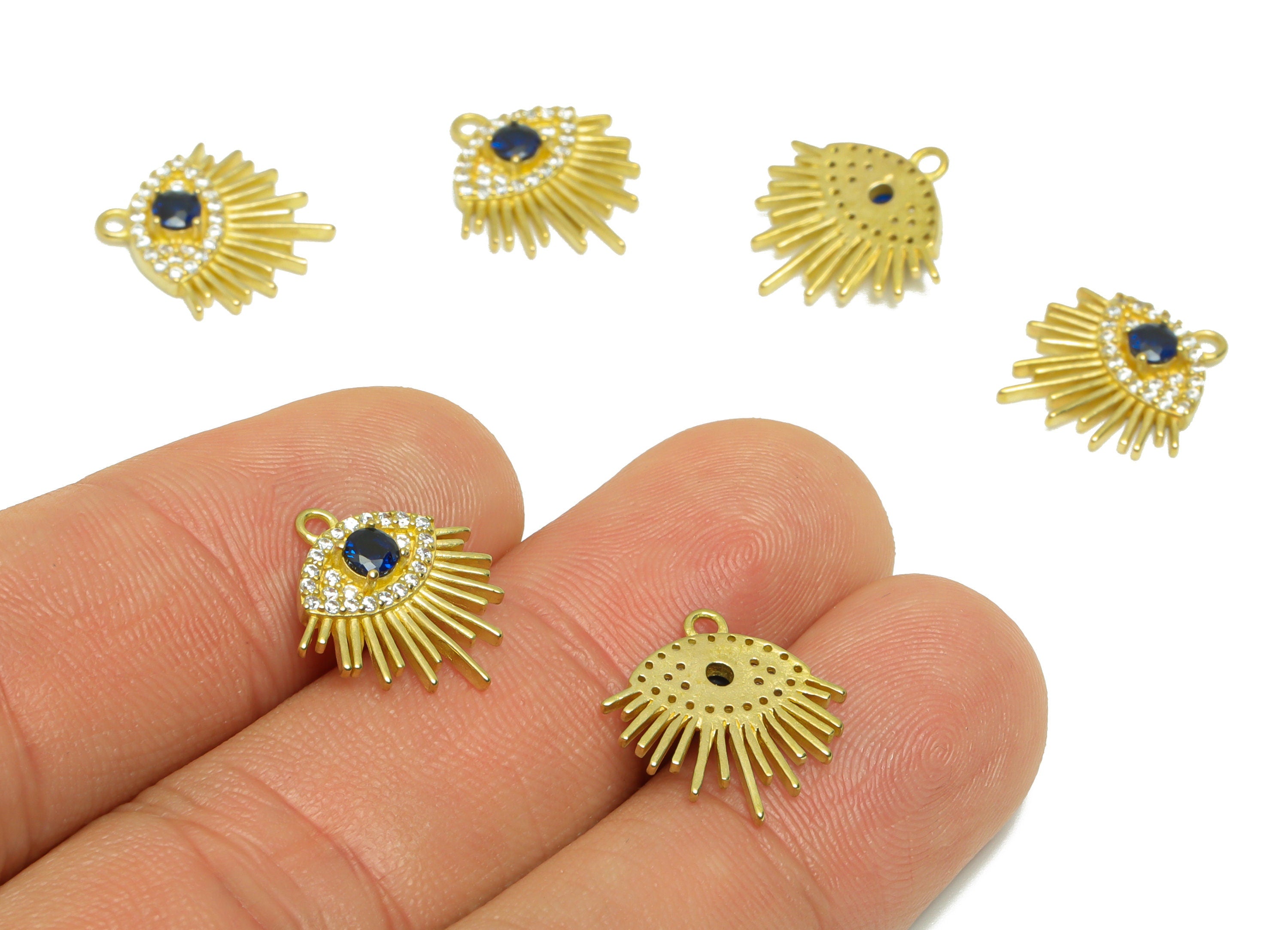 Brass CZ Eye Earring Charm - Raw Brass Cubic Zircon Eyelash Earring Charm - Zircon Blue Eye Pendant - Marquise Charm - 15.6x14x3mm - PP9557 - DOMEDBAZAAR