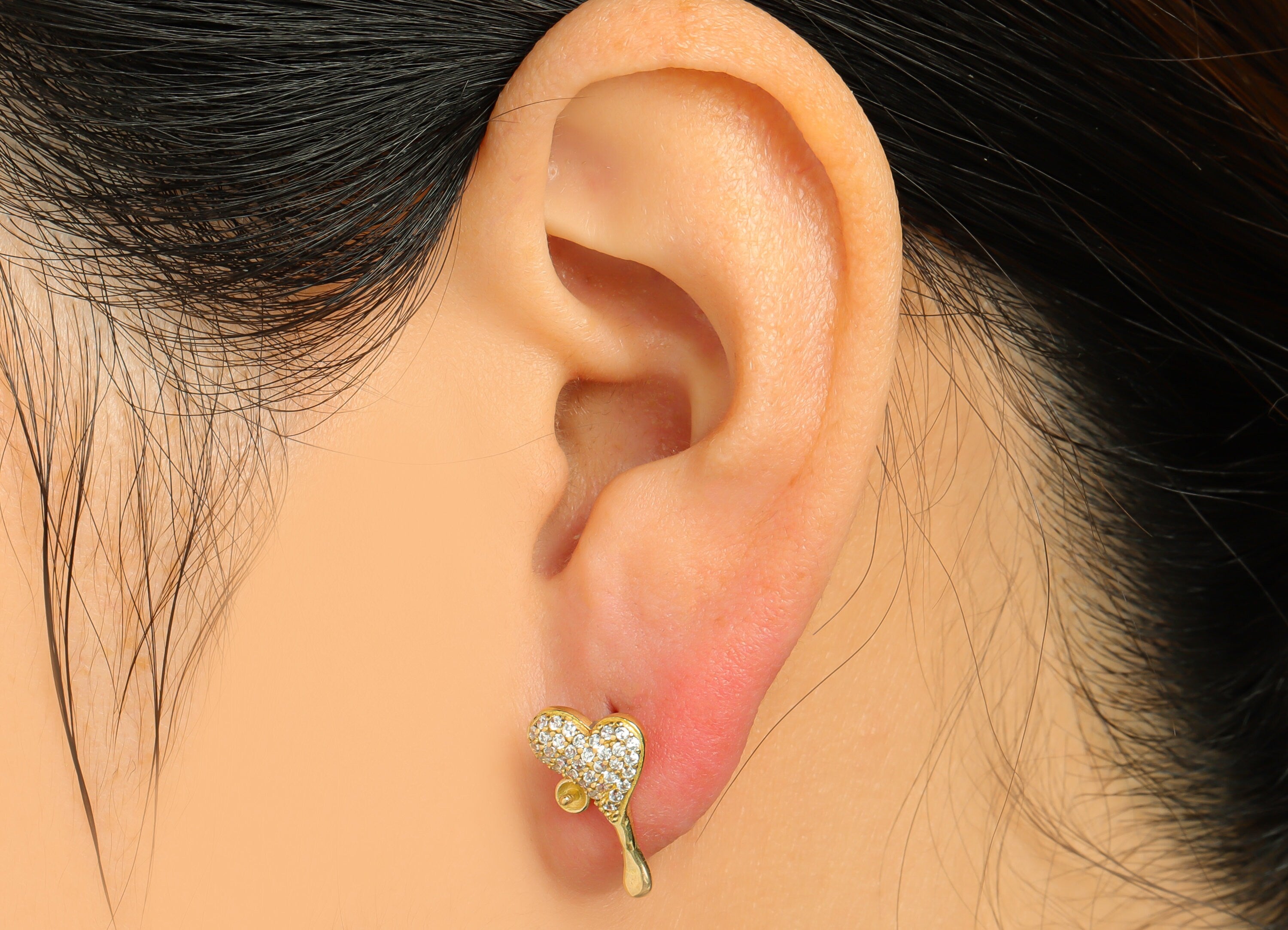 Brass Heart CZ Earring Post Pearl Setting - Raw Brass Melt Earring Stud - Brass Cubic Zircon Melting Heart Earring Post - 19x9x3mm - PP9587 - DOMEDBAZAAR