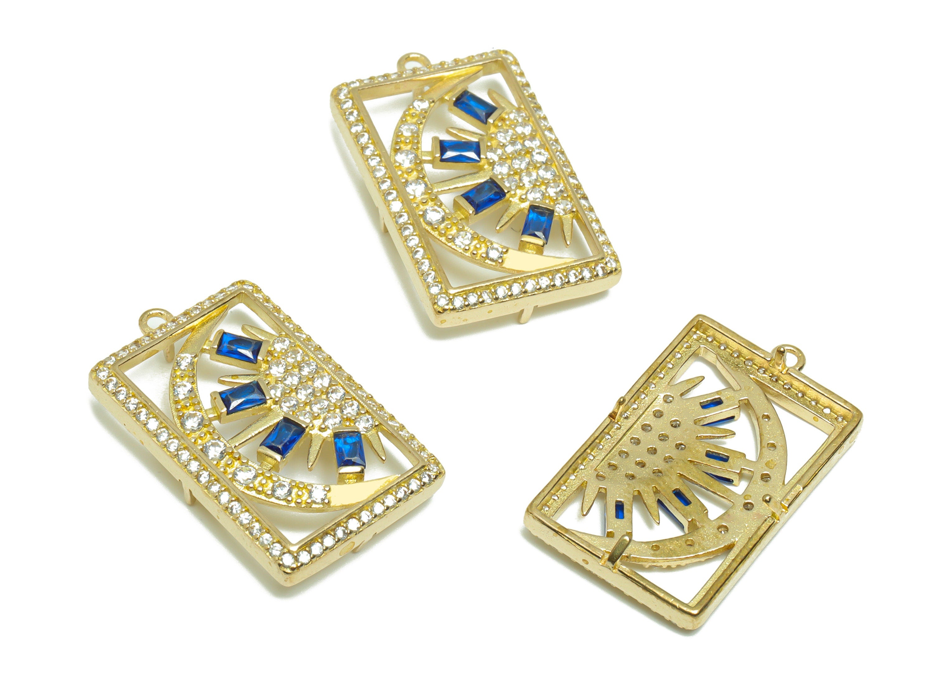 CZ Rectangle Sun Pendant - Raw Brass Zircon Rectangle Earring Charm -  Blue Sunshine Pendant - Crescent Charm - 25x15x 2.89mm - PP9591 - DOMEDBAZAAR