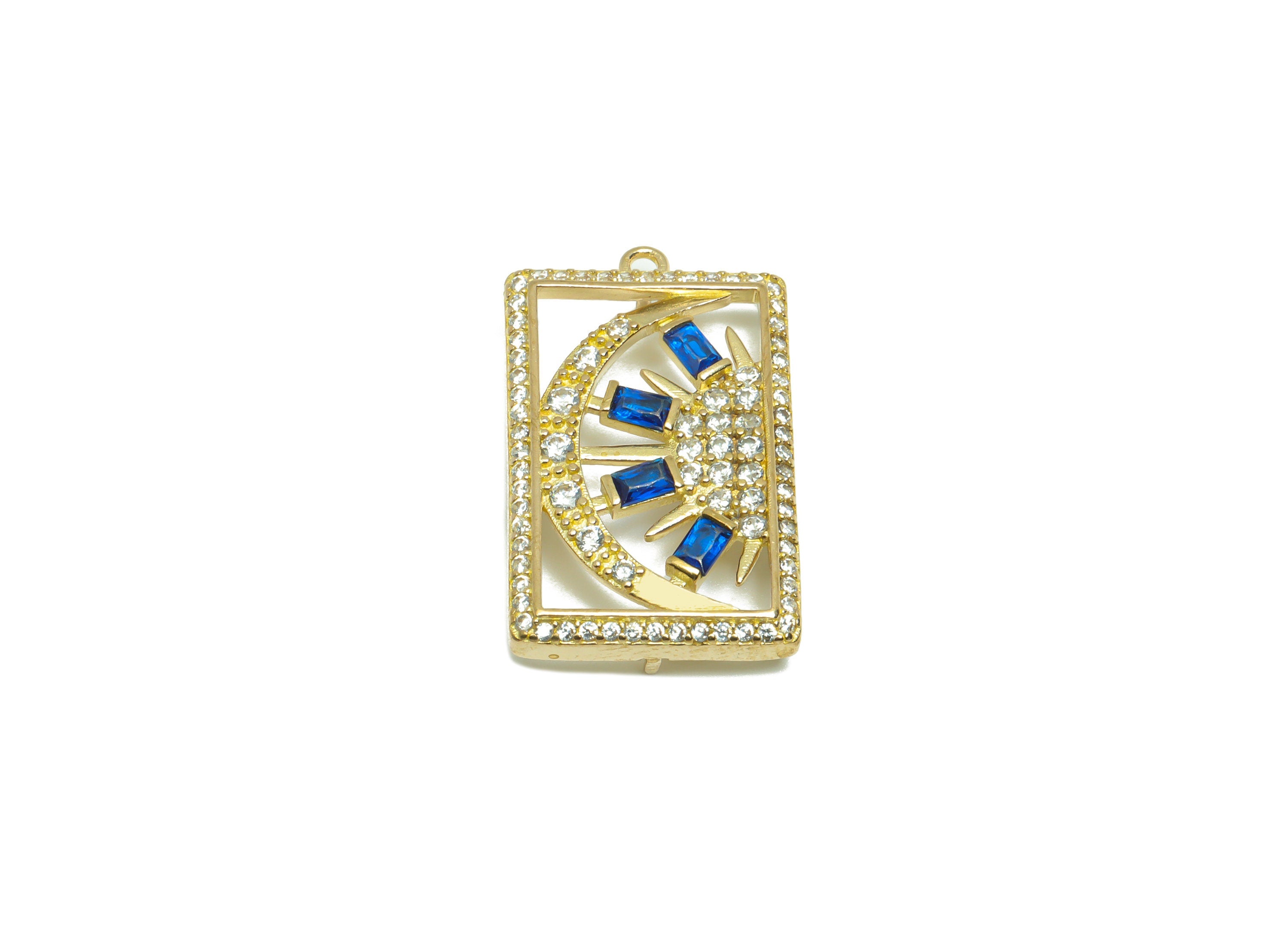 CZ Rectangle Sun Pendant - Raw Brass Zircon Rectangle Earring Charm -  Blue Sunshine Pendant - Crescent Charm - 25x15x 2.89mm - PP9591 - DOMEDBAZAAR